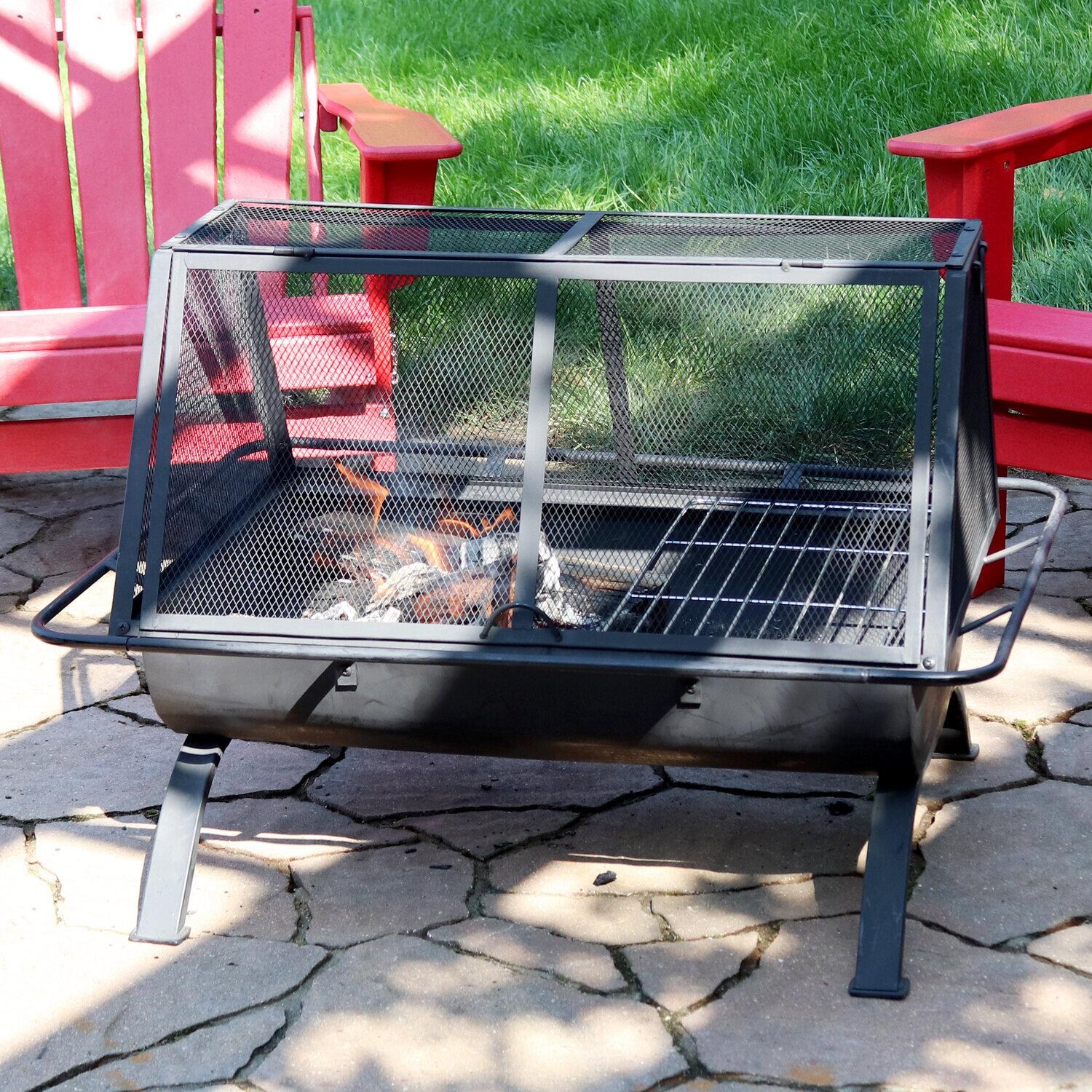 Ultimate Patio NB-NW201 36 Inch Rectangular Steel Wood-Burning Fire Pit in Black - Spark Screen Open - Lifestyle thumbnail