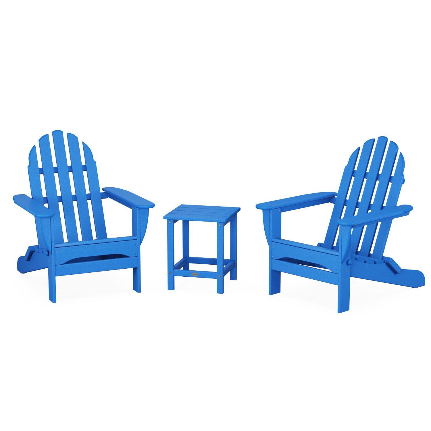Classic Adirondack 3 Pc Recycled Plastic Seating Set w/ Long Island End Table in Pacific Blue by POLYWOOD