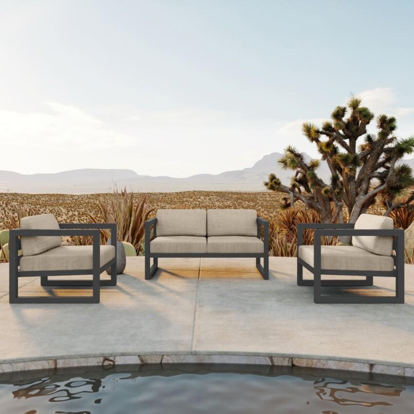 Misty Cove 3 Pc Aluminum Seating Set w/ Loveseat in Slate/Canvas Flax by Lakeview Outdoor Designs