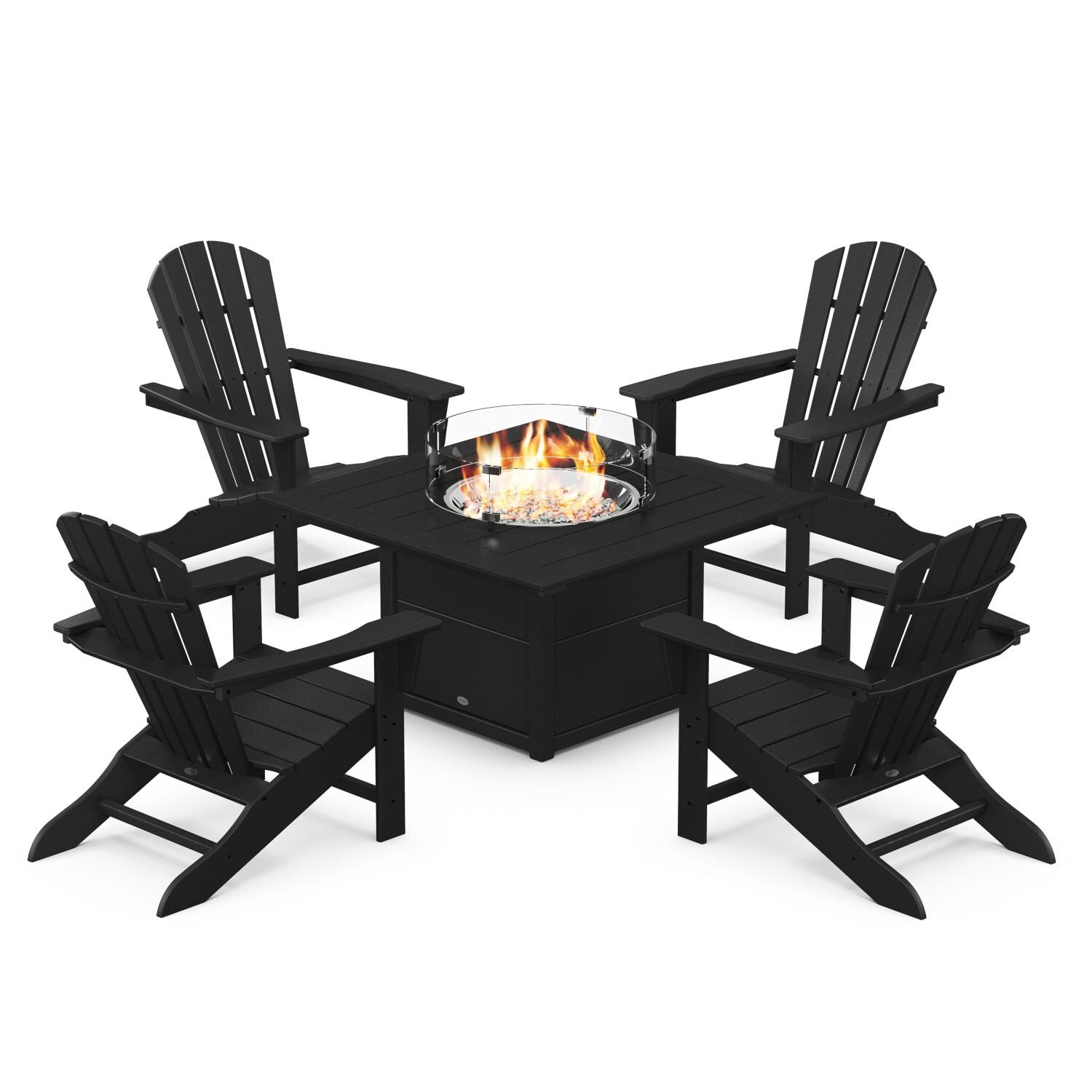 POLYWOOD Black Palm Coast 5-Piece Adirondack Chair Conversation Set w/ Fire Pit Table thumbnail