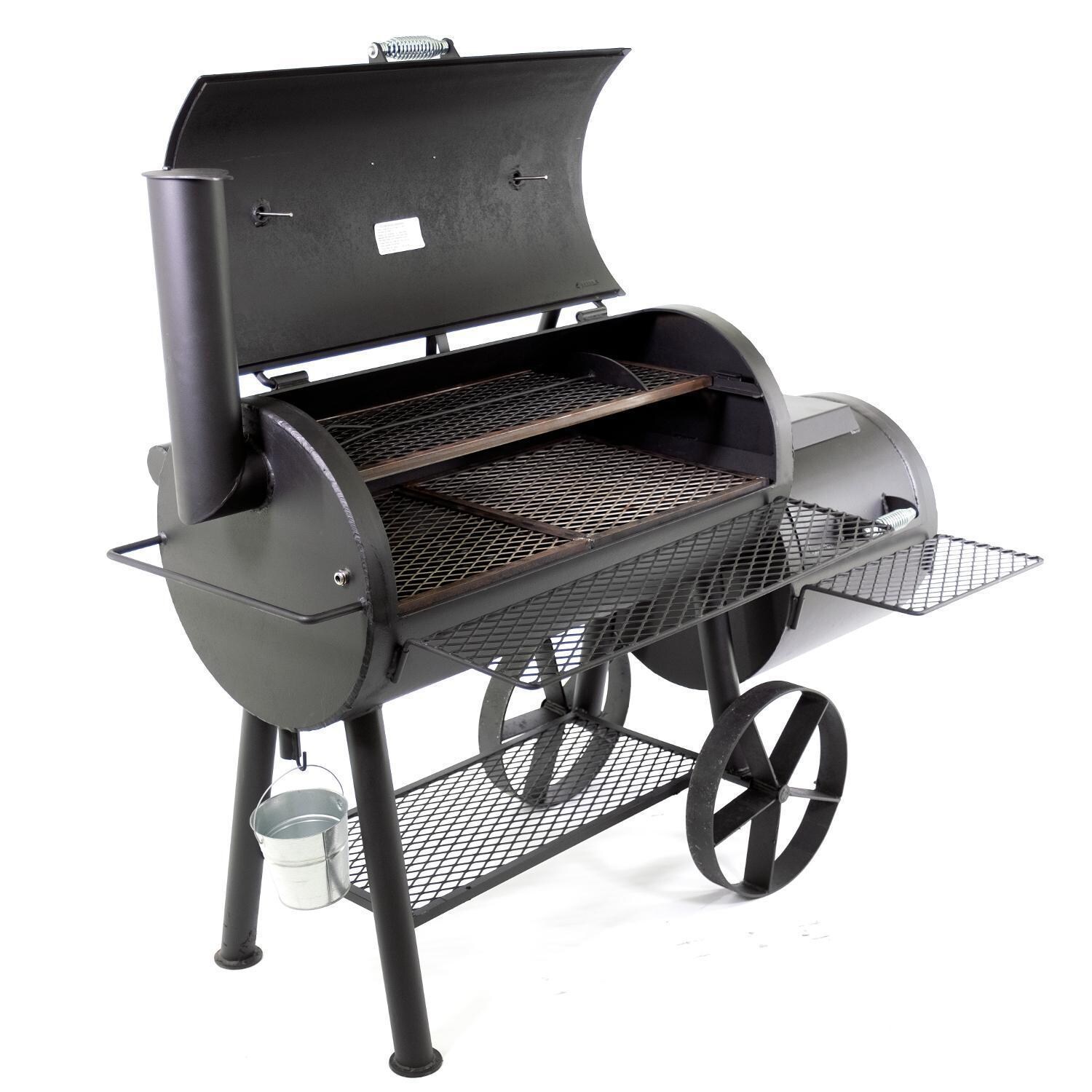 Texas Original Pits GFB-204222-XSL 20x42x22 Luling Single Lid Offset Smoker W/ Counter Weight - Side View Open thumbnail