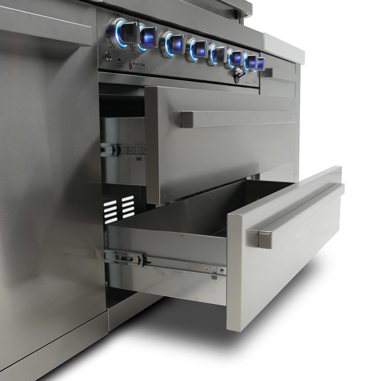 Mont Alpi MAi805-DBEV Deluxe Natural Gas Island Grill W/ Beverage Center - Under Grill Storage - Drawers Open - Detail thumbnail