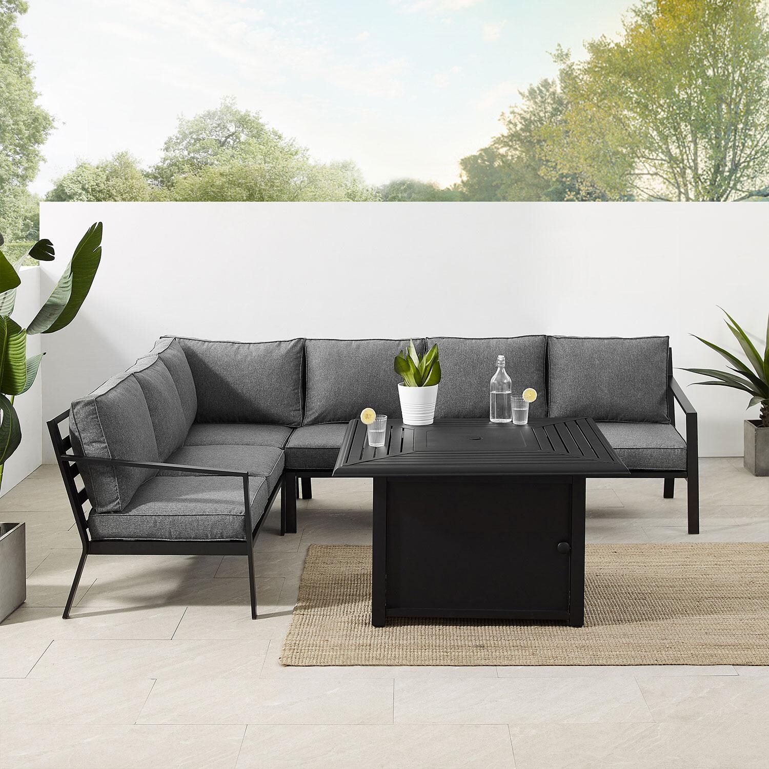 Ultimate Patio UP-92608MB-CL 5Pc Outdoor Sectional Set W/ Fire Table in Charcoal Gray - Front View - Lifestyle thumbnail