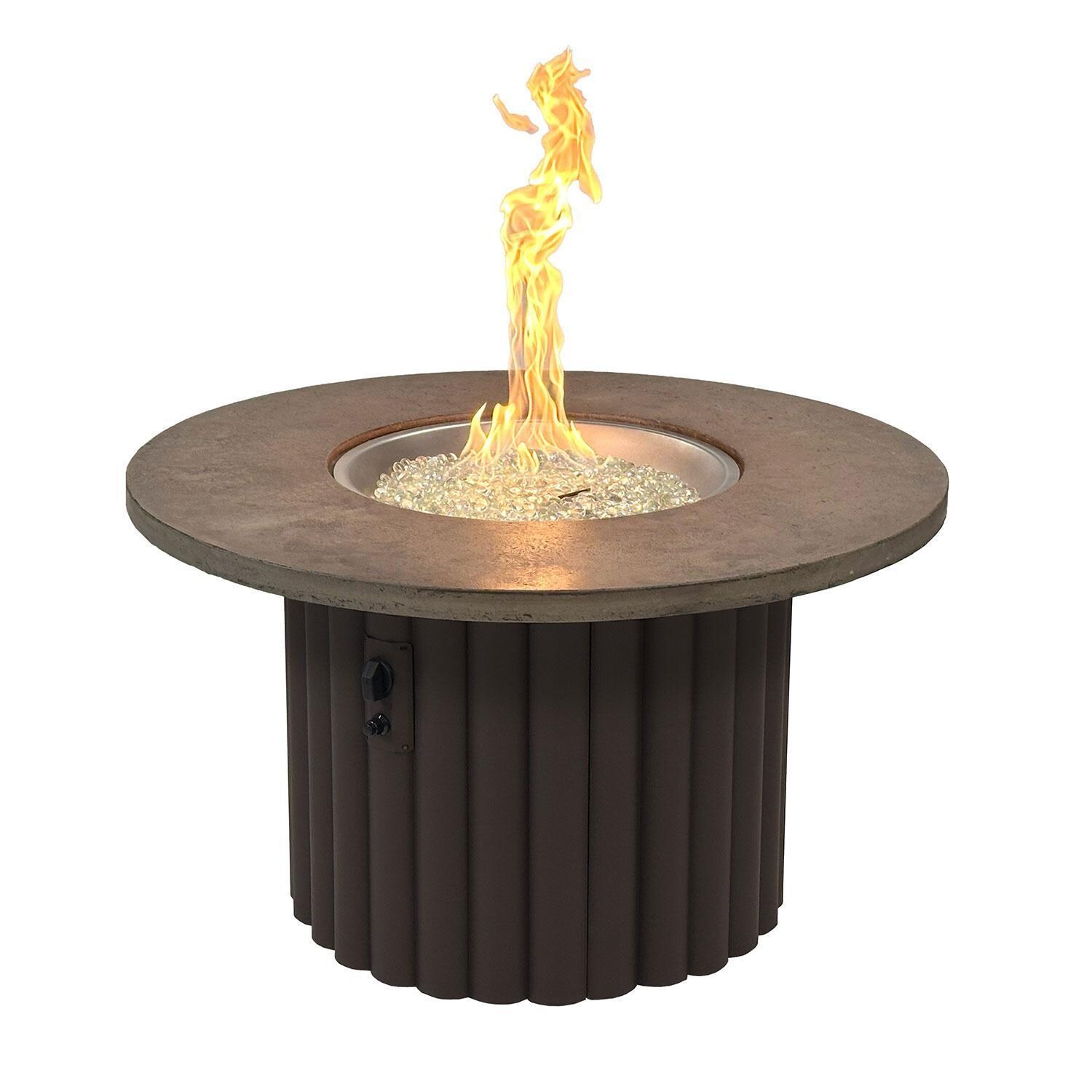 Reverie REVBBR-42-K-NG 42-in Round Aluminum Natural Gas Fire Pit Table w/ Fossil Brown Supercast Table Top & Brown Base (Ships Propane w/ Conversion Kit) - Flame On - White Background thumbnail