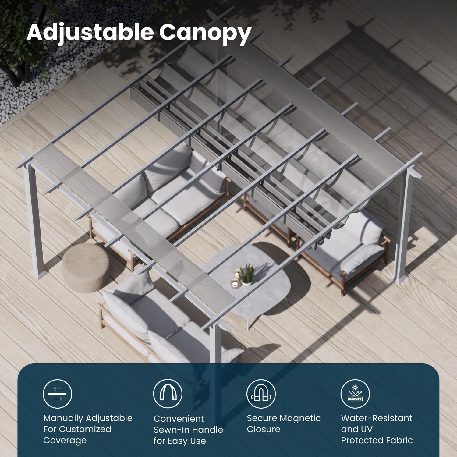 Paragon Outdoor PR11WTG Florence 11' x 11' White Pergola w/ Gray Canopy - Adjustable Canopy - Detail thumbnail