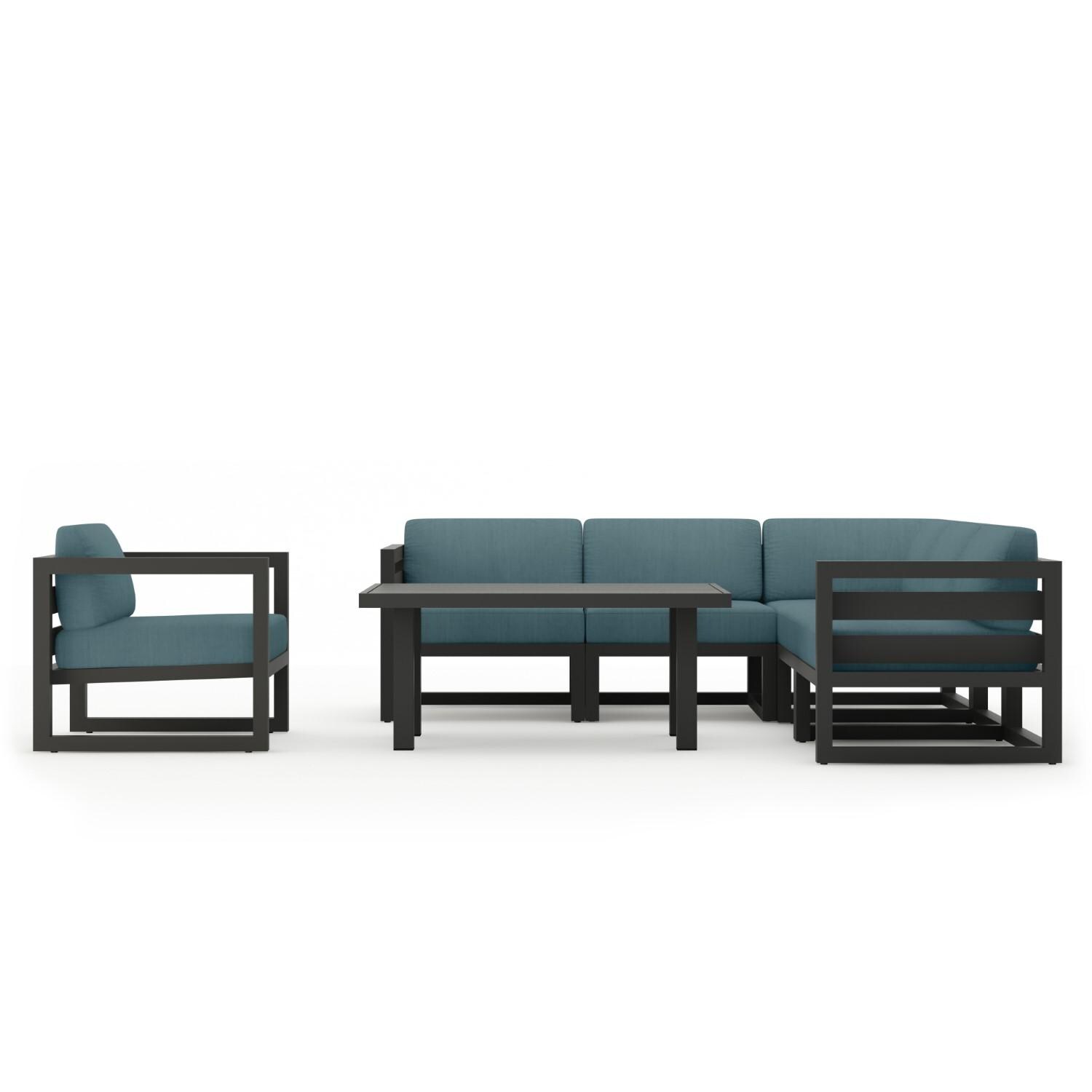 Misty Cove 7 Pc Aluminum Seating Set w/ Sectional & Classic Chat Table in Slate/Cast Lagoon by Lakeview Outdoor Designs