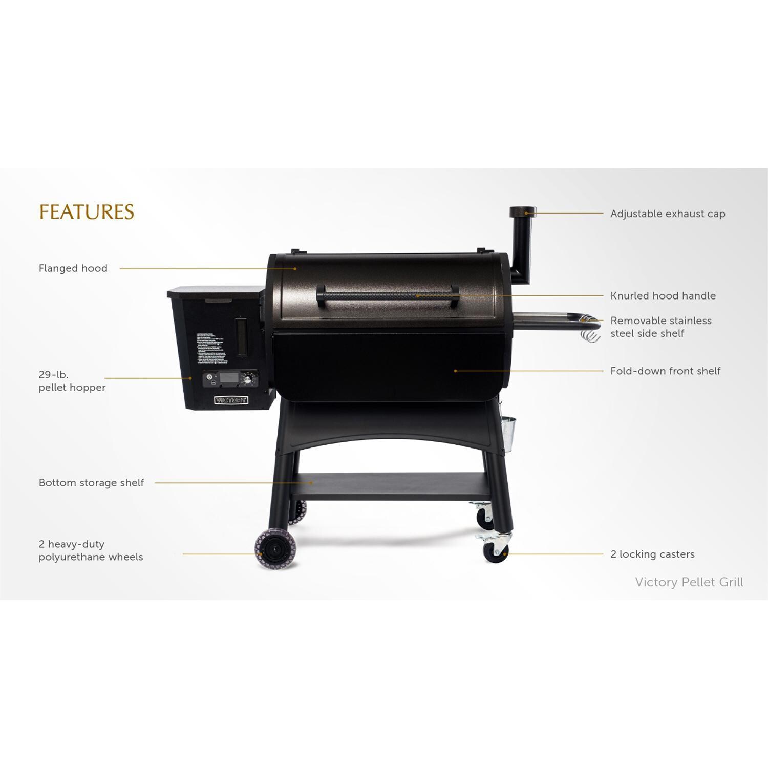 Victory BBQ-PG + BBQ-PG-CVR + BBQ-PLT20-HK + BBQ-PLT20-MQ + BBQ-PLT20-AP 35-Inch Wood Pellet Grill, Cover, & 20 Lb. Hardwood Pellets Ultimate Starter Pack - Features Listed - Diagram Detail thumbnail