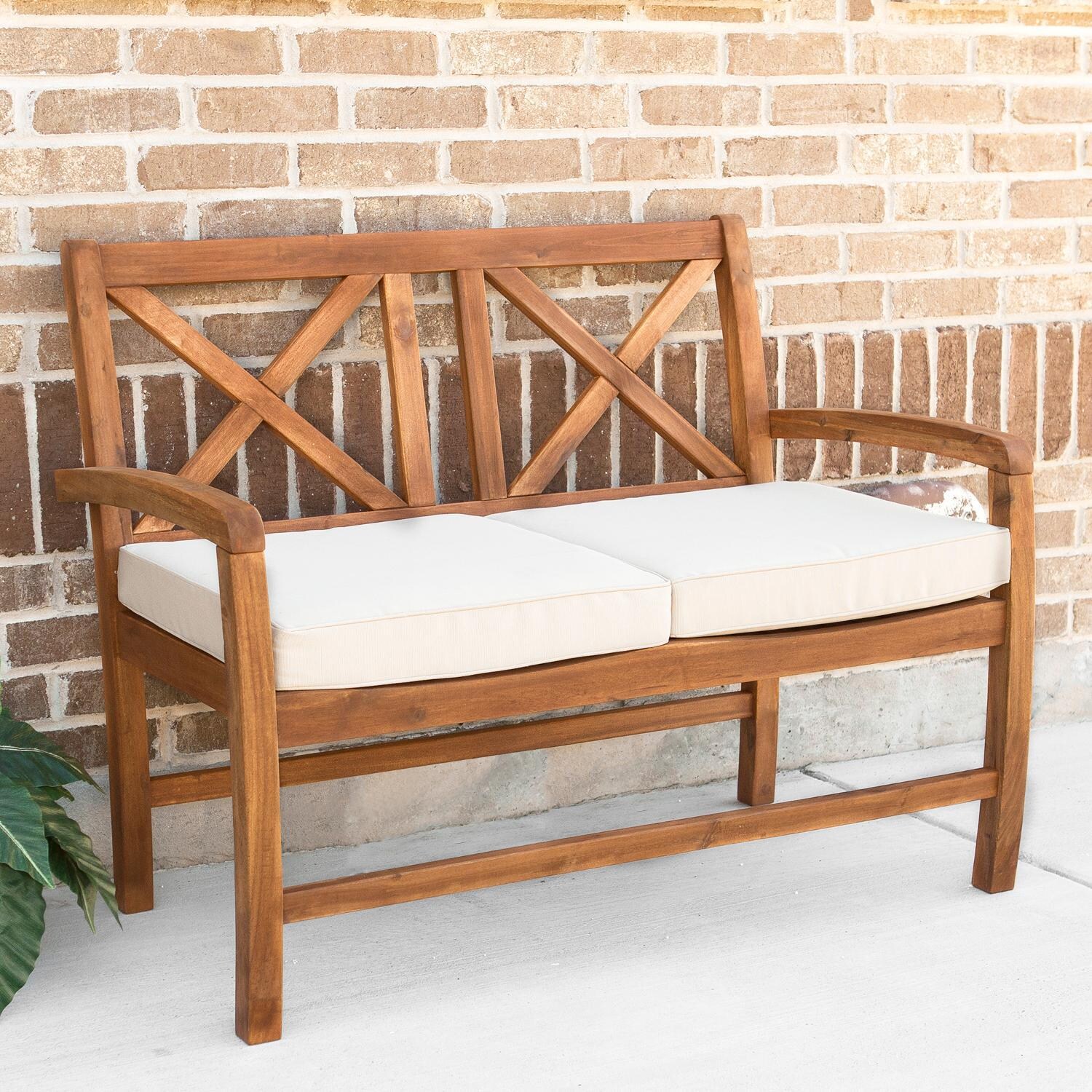 Ultimate Patio Camille Way Acacia Patio Loveseat W/ Natural Cushions - Angled View thumbnail