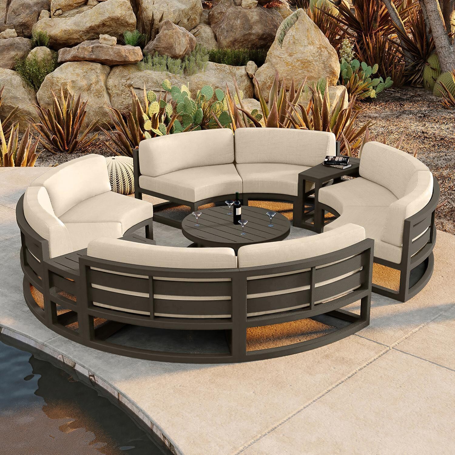 Misty Cove 7 Pc Aluminum Seating Set - Curved Sectional in Slate/Canvas Flax by Lakeview Outdoor Designs