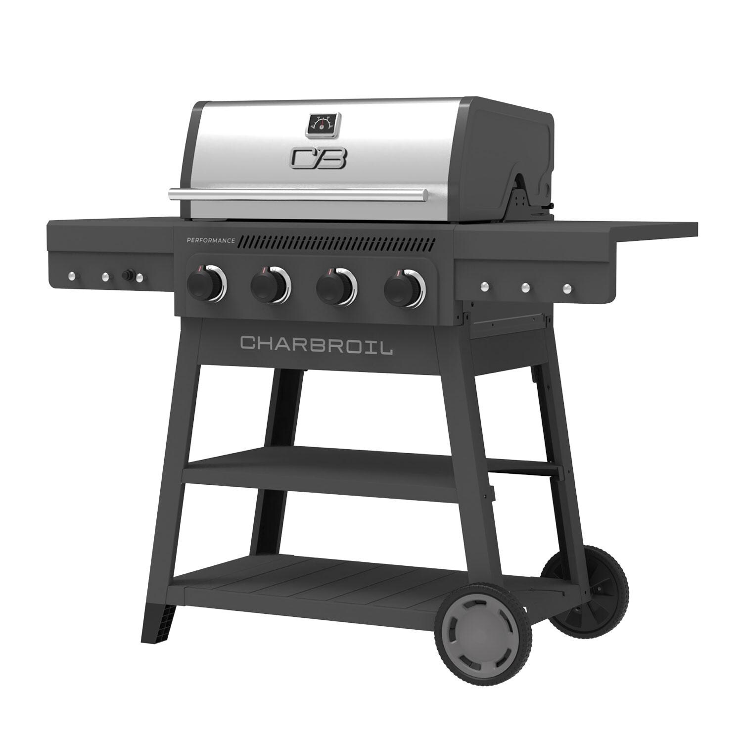 Charbroil 463349025 Performance Series 4-Burner Propane Grill A-Frame Cart - Grey & Stainless Steel - Left Angle - White Background thumbnail