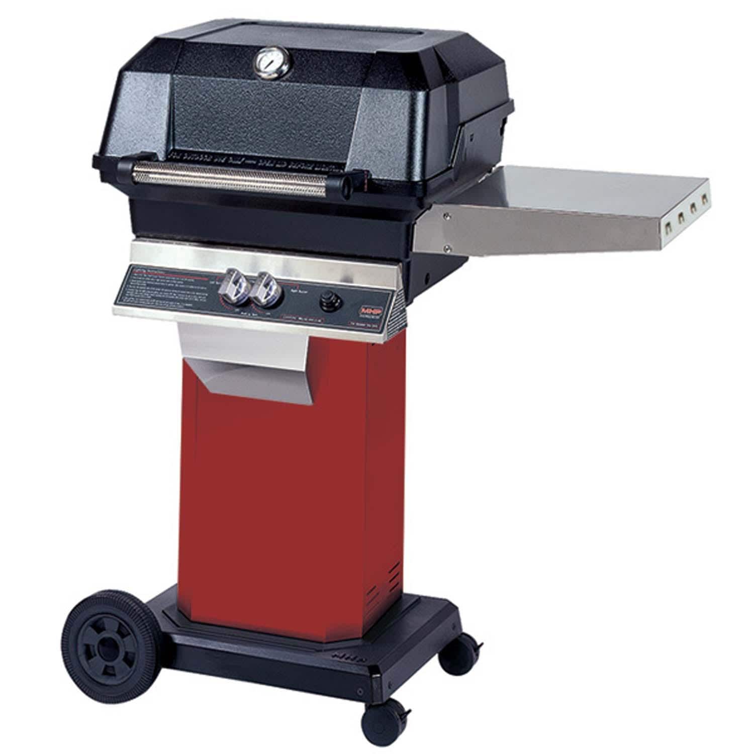 MHP JNR Propane Grill Head w/ SearMagic Cooking Grids & Drop Down Shelves on Ember Red Grill Column & Portable Base w/ Locking Casters