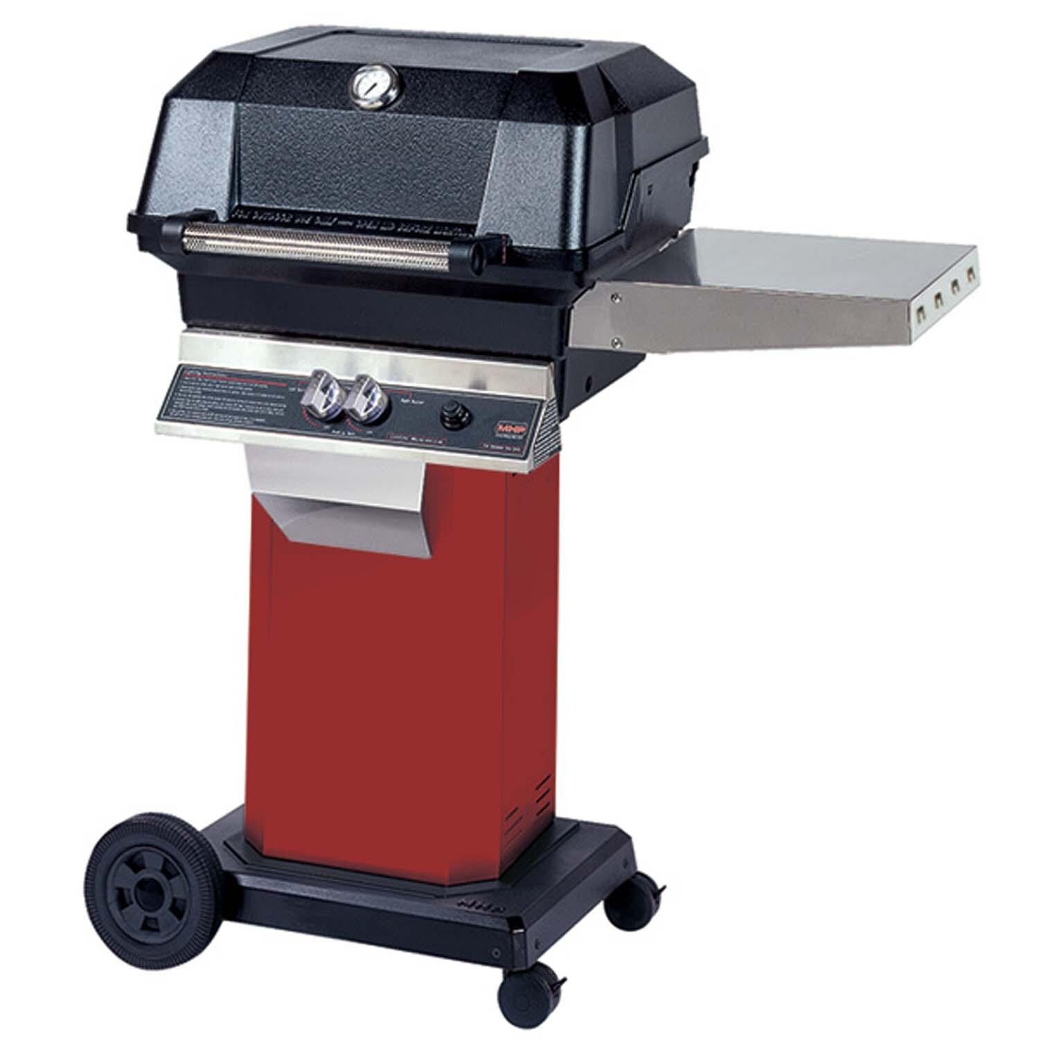MHP JNR Propane Grill Head w/ SearMagic Cooking Grids & Drop Down Shelves on Ember Red Grill Column & Portable Base w/ Locking Casters - White Background thumbnail