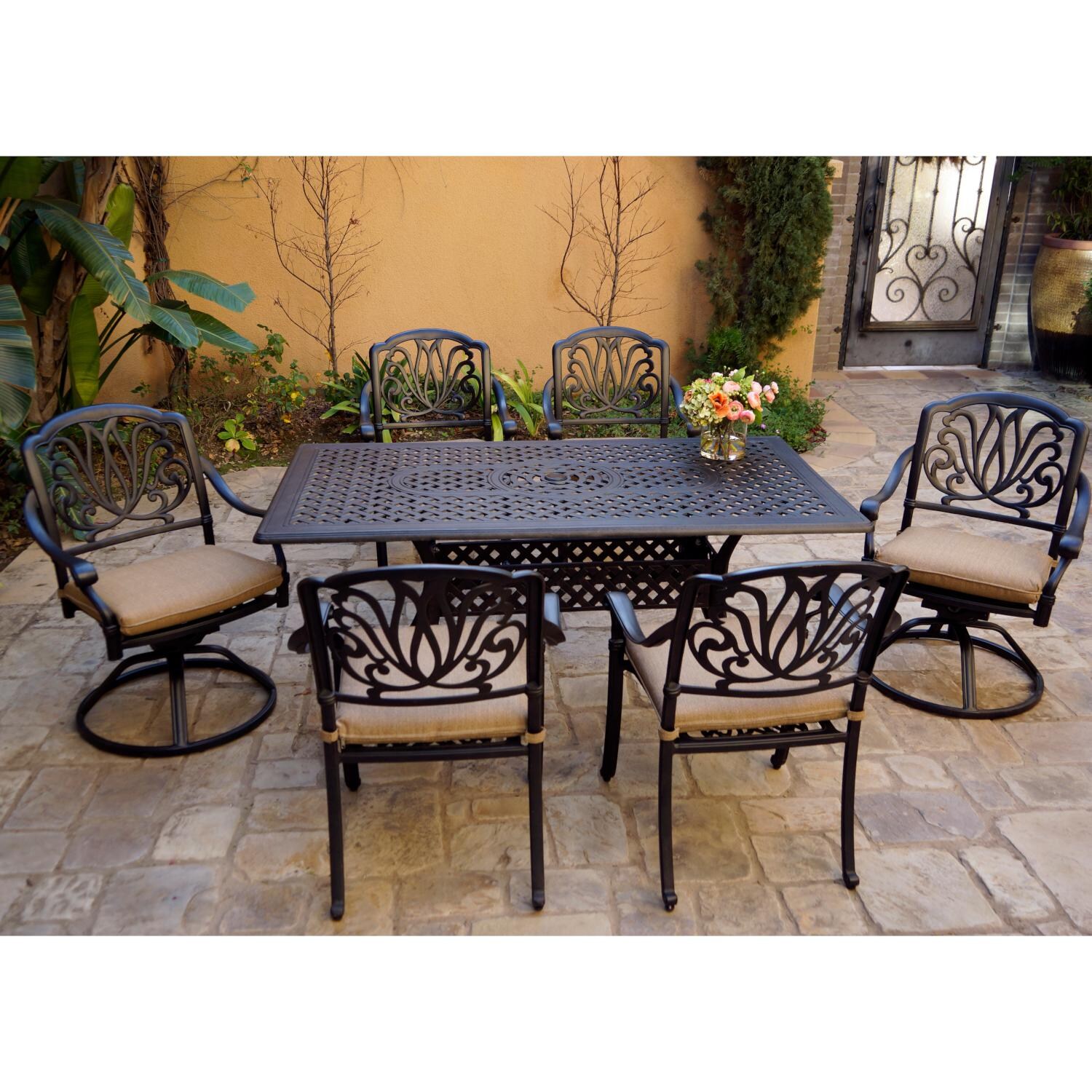 Darlee DL707-7PC-AC29RE Elisabeth 7 Piece Cast Aluminum Patio Dining Set W/ 68 X 38 Inch Rectangular Table - Lifestyle thumbnail