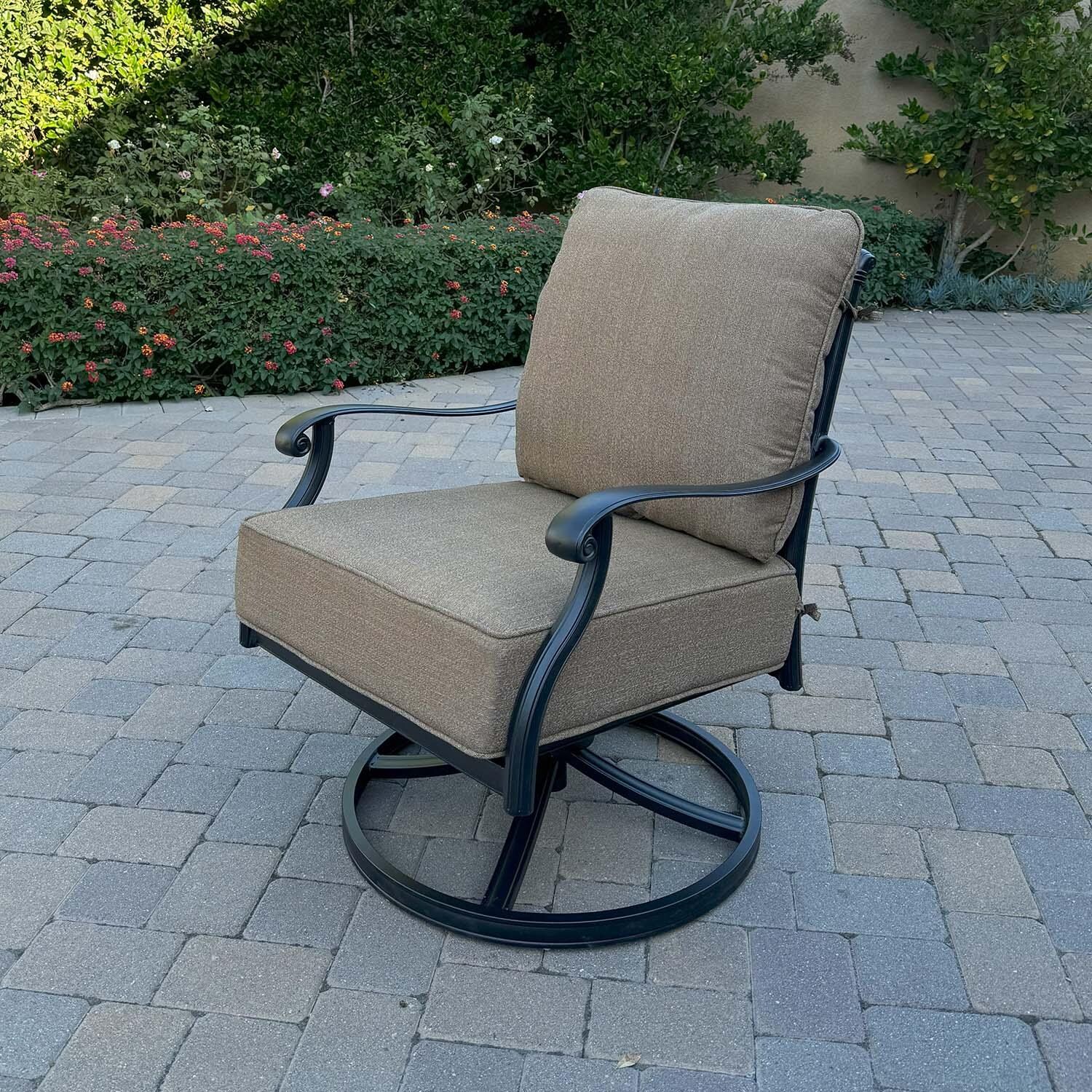 Madison 5 Pc Cast Aluminum Fire Pit Seating Set w/ Swivel Rockers in Antique Bronze/Sesame by Darlee - Swivel Rocker - Lifestyle thumbnail