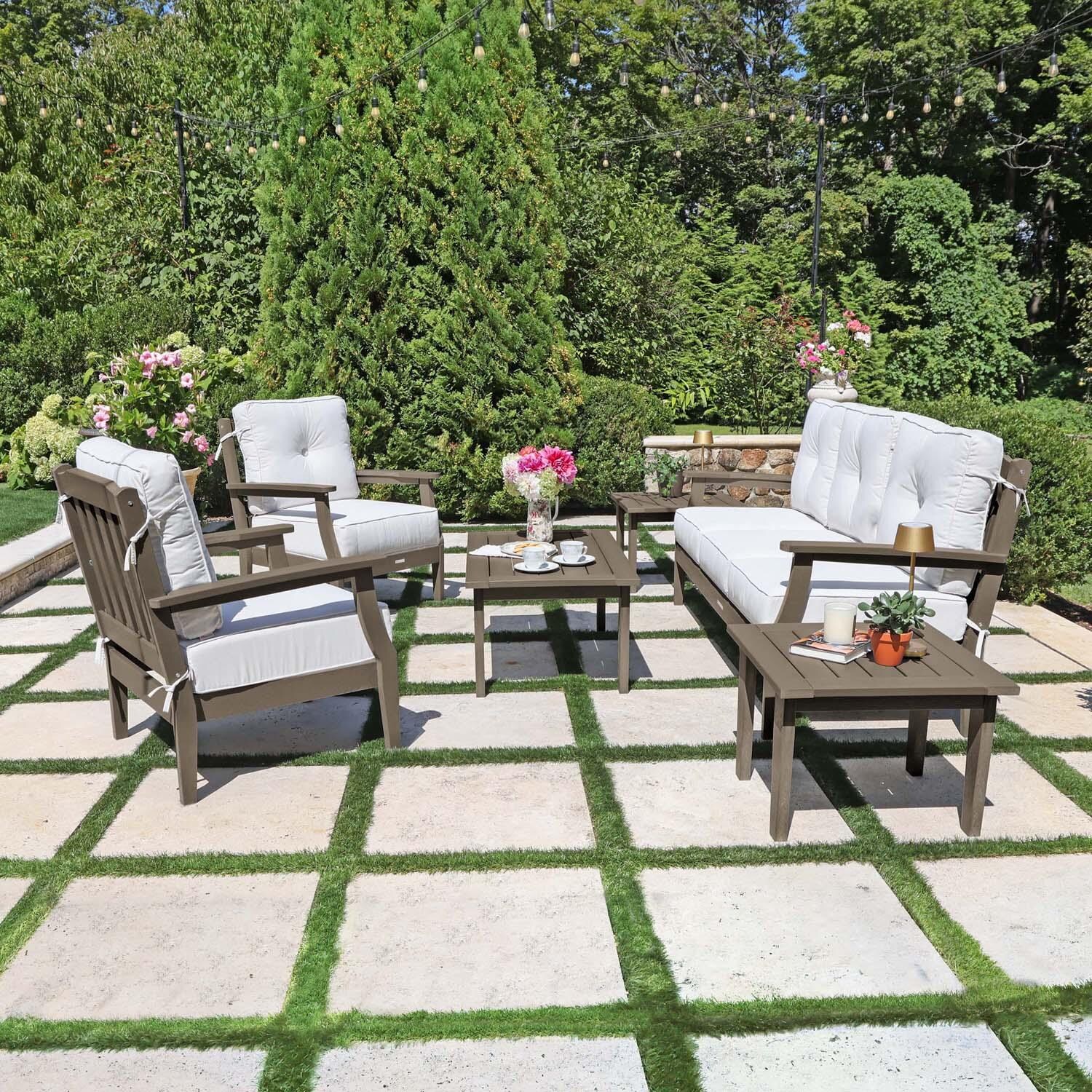 Blushing Bay 6 Pc Recycled Plastic Seating Set w/ Sofa in Bliss Linen/Woodland Brown by Lakeview Outdoor Designs - Side View - Lifestyle thumbnail