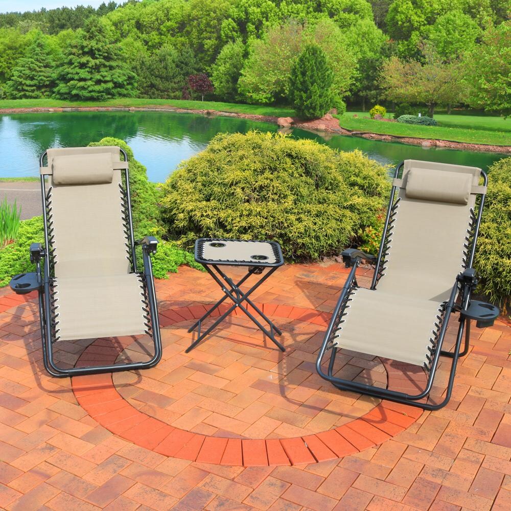 Sunnydaze Decor Zero Gravity Reclining Lounge Chairs W/ Pillows, Cup Holders, & Matching Table - Khaki - DL-016 image