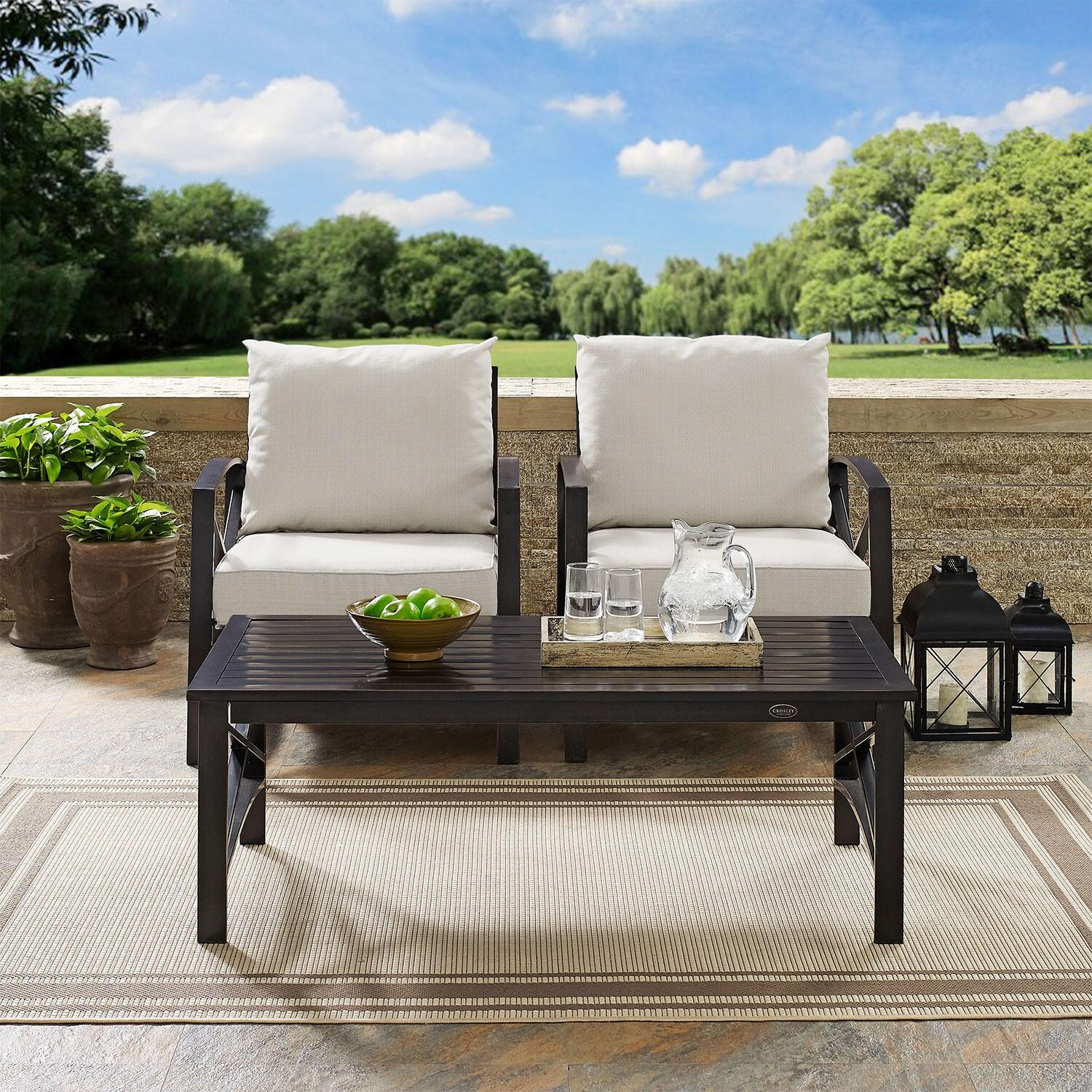 Windswept 3 Pc Steel Club Chair Seating Set w/ Coffee Table in Oil Rubbed Bronze/Oatmeal by Ultimate Patio