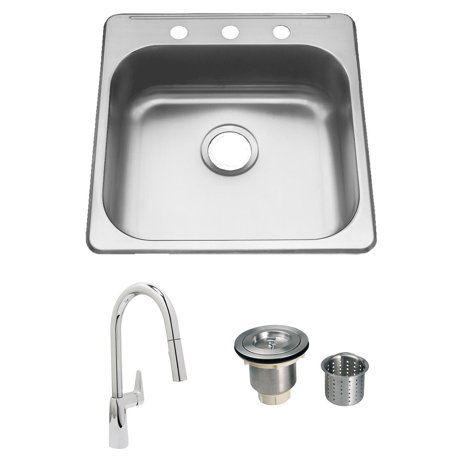 ADA Compliant 20 X 20 Stainless Steel Outdoor Sink with Huntington Brass Dual Spray 15.75 Inch High Pull Down Faucet and Strainer Basket
