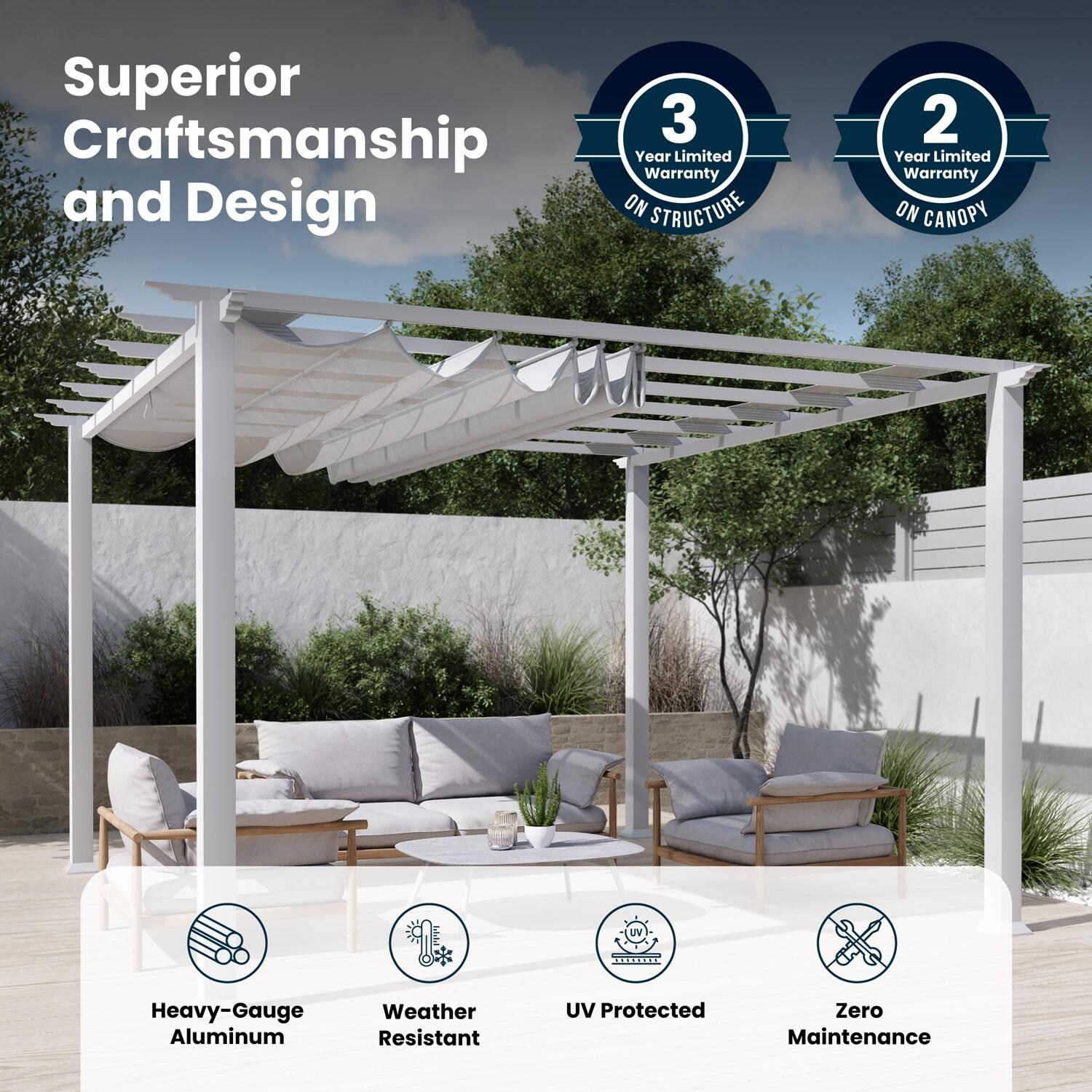 Paragon Outdoor PR11WTW Florence 11' x 11' White Pergola w/ White Canopy - Superior Craftmanship & Design - Detail thumbnail