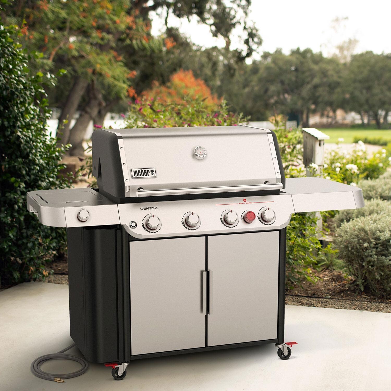 Weber GENESIS 38400001 S-435 Natural Gas Grill with Sear Burner & Side Burner - Stainless Steel - On Patio - Lifestyle thumbnail