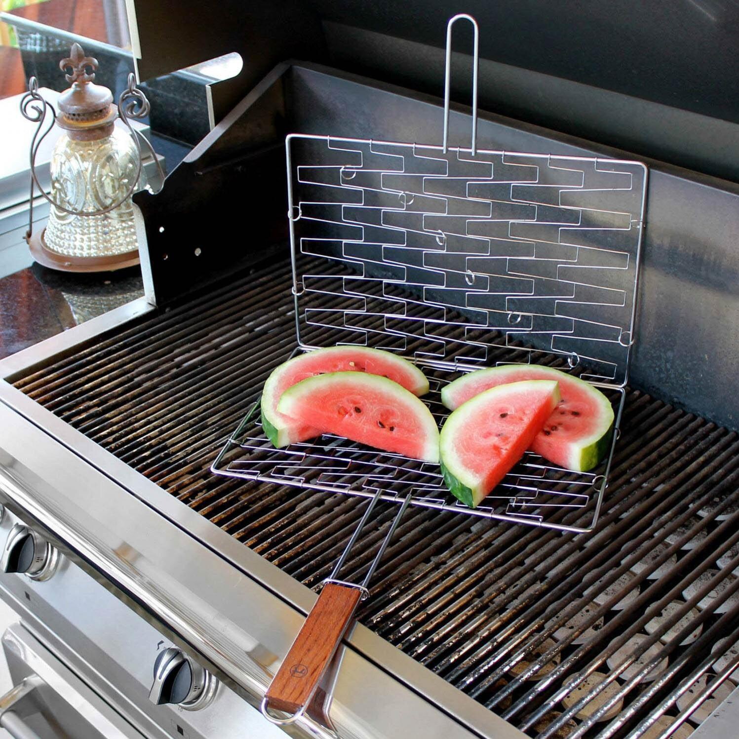 Outset 23 X 16-Inch Expandable Flex Grill Basket With Rosewood Handle - Open With Watermelon thumbnail