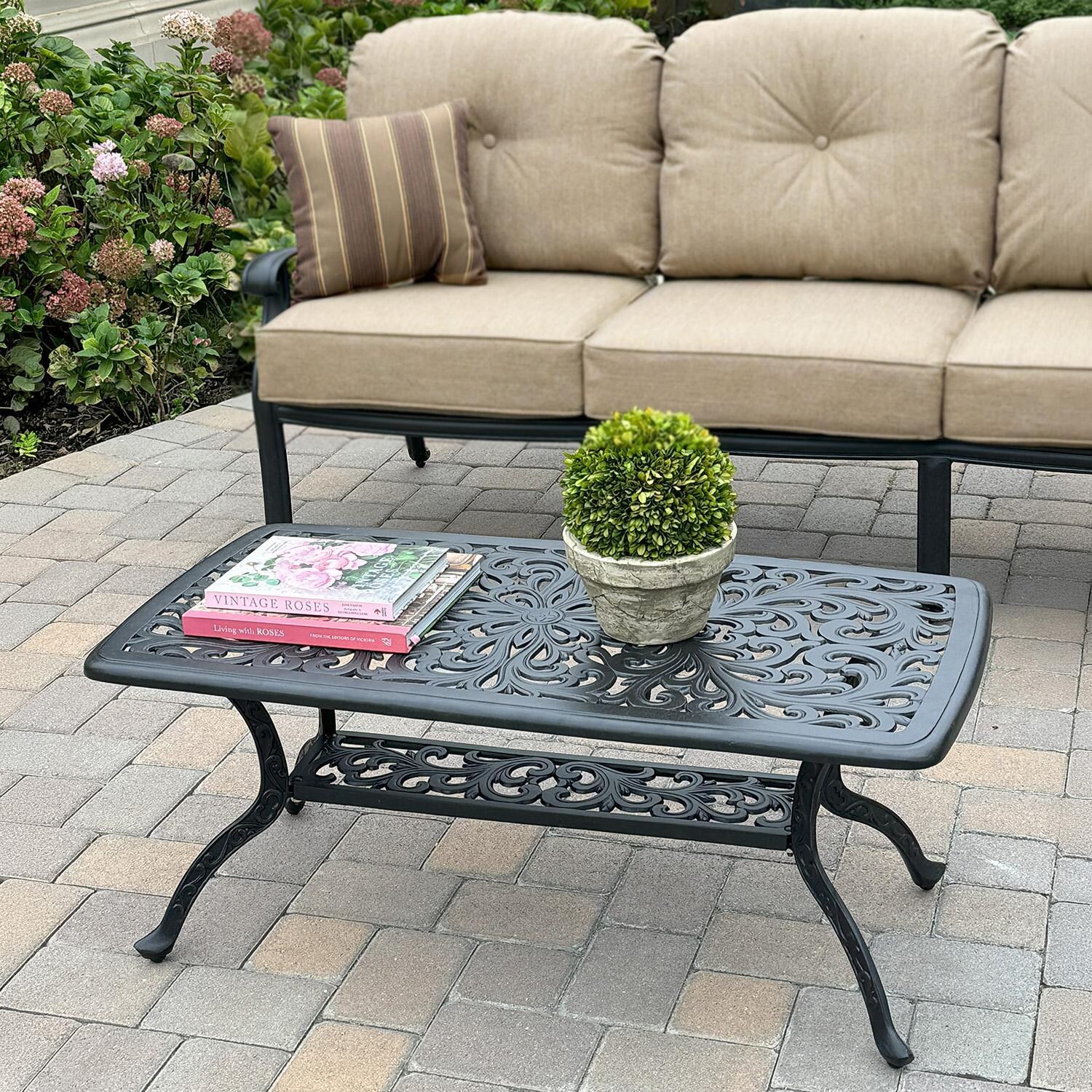 Darlee Elisabeth 4-Pc Seating Set w/ 42 X 21-Inch Series 80 Table & Swivel Rockers & Throw Pillows in Antique Bronze/Beige Canvas -  Table - Lifestyle thumbnail