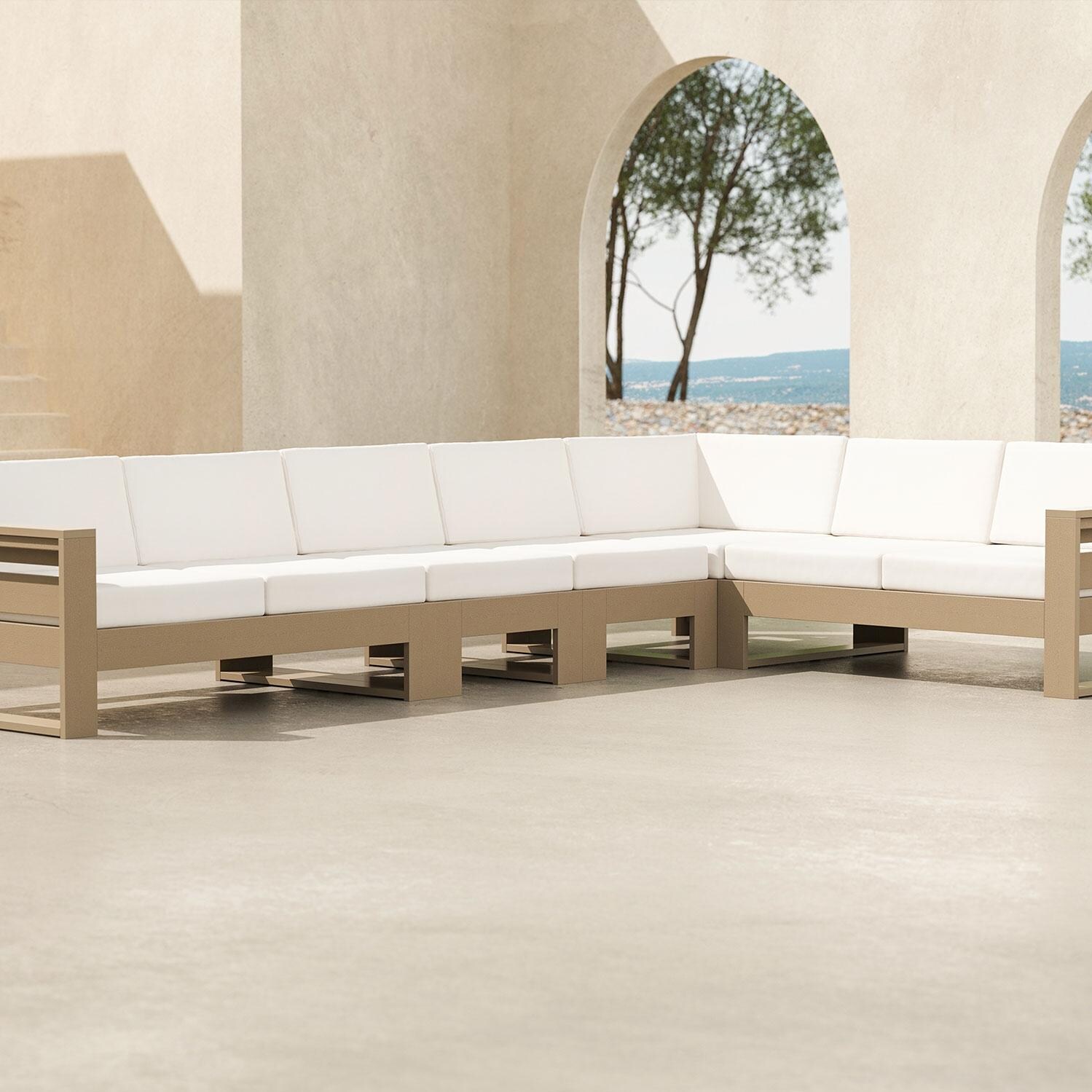 Latitude 4 Person Sectional Sofa in Vintage White/Dune Burlap By PW Designer Series - Shown in Vintage Sahara/Dune Burlap Finish - Backyard - Coffee Table Removed (Not Included) - Lifestyle thumbnail