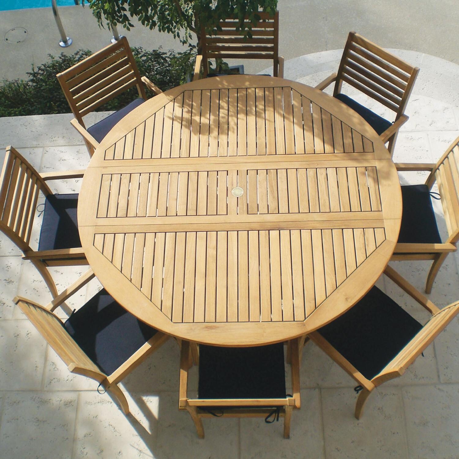 Royal Teak Collection Avant 9 Piece Teak Patio Dining Set With 72 Inch Round Drop Leaf Table And Sunbrella Canvas Navy Cushions thumbnail