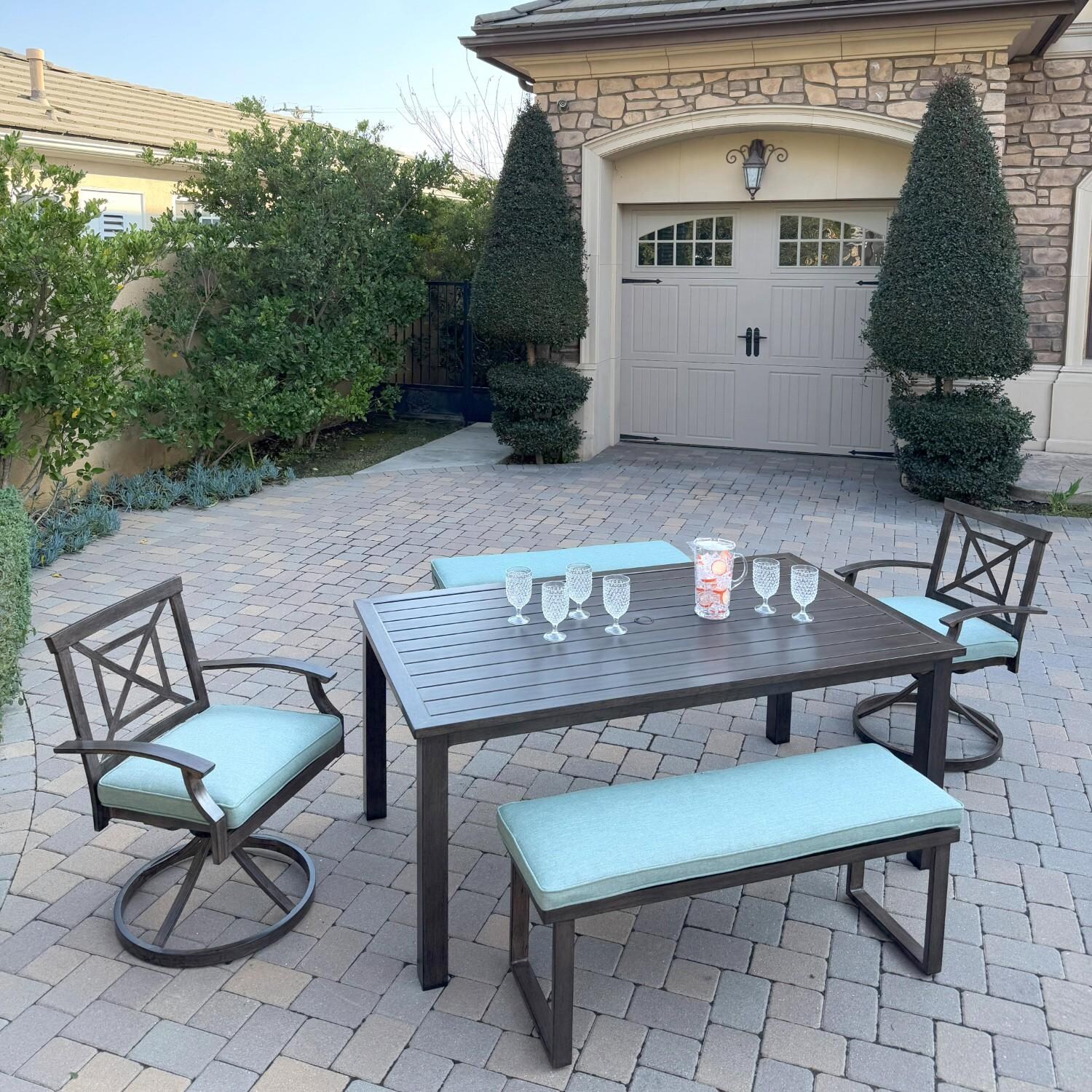 Atlantis 5 Pc Aluminum Dining Set w/ 2 Swivel Rocker Dining Arm Chairs & 2 Two Person Benches in Walnut/Spa by Darlee