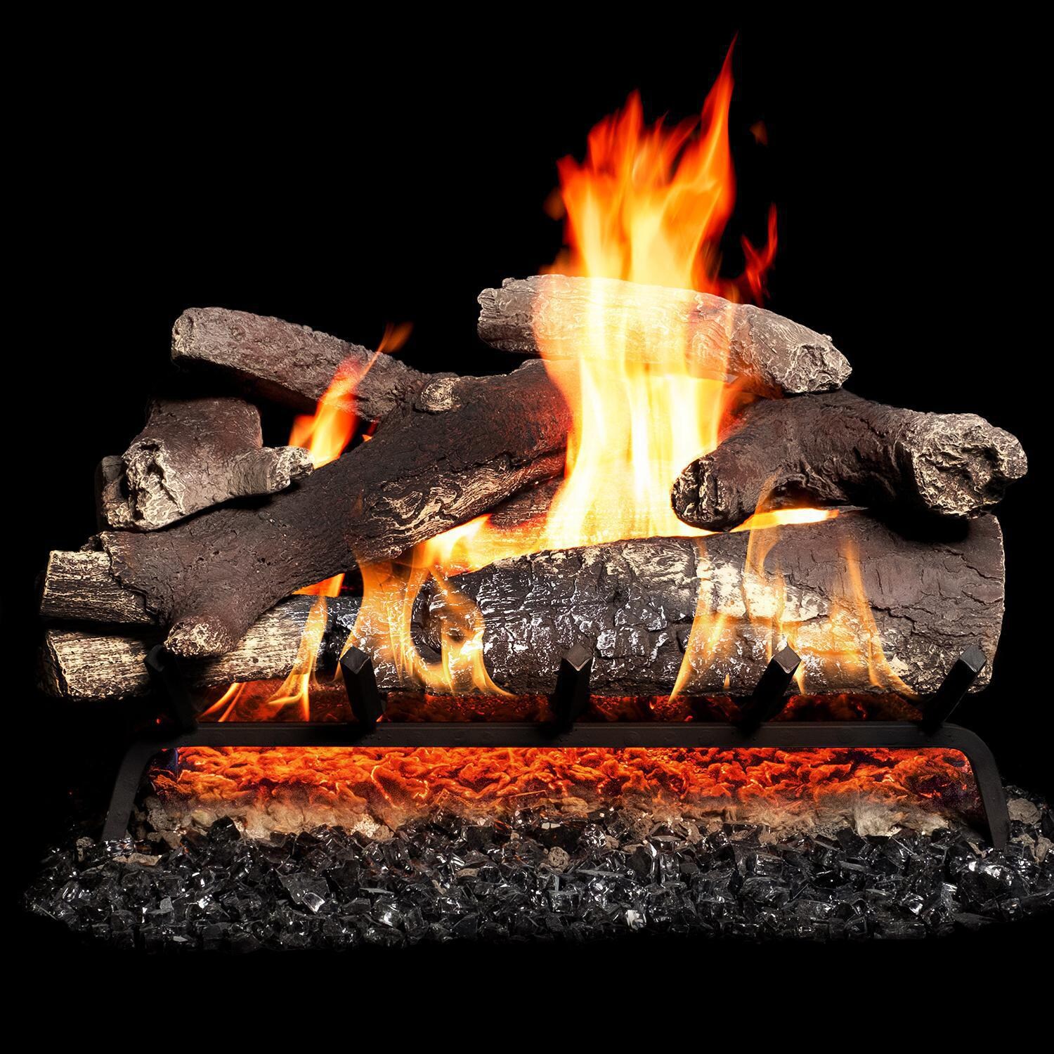 BBQGuys 24 Inch Vail Mountain Charred Oak Vented Natural Gas Log Set + H-Burner - Match Light