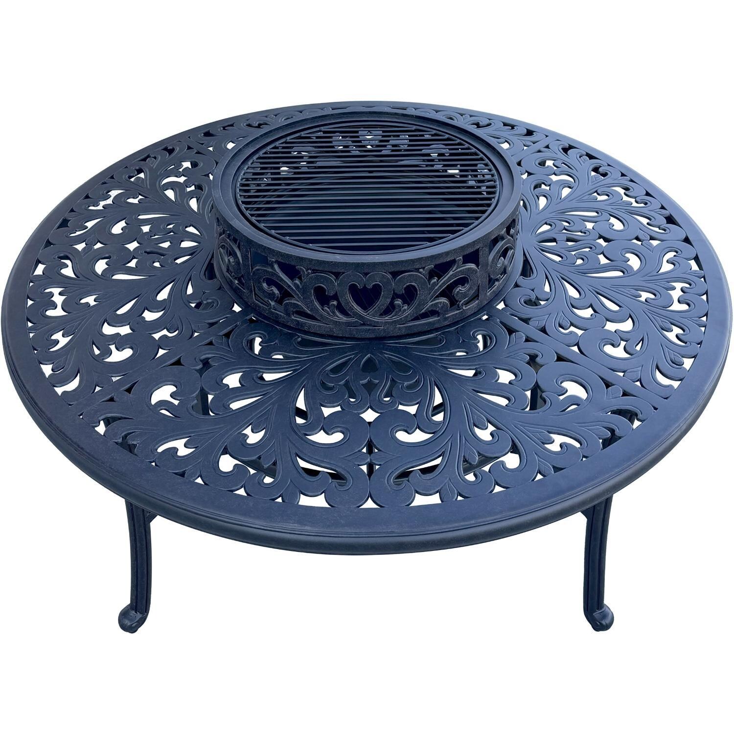Darlee Elisabeth 5 Pc Cast Aluminum Fire Pit Seating Set w/ 52 Inch Series 80 Table w/ Ice Bucket Insert & Swivel Rockers in Antique Bronze/Beige - Table w/ no Cover - White Background thumbnail