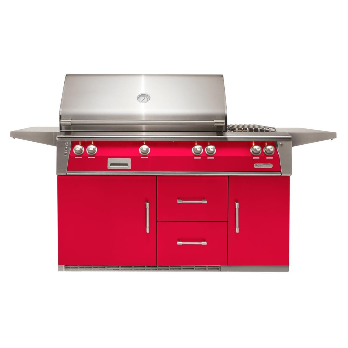 Alfresco ALXE-56R-LP-S3027 ALXE 56-Inch Freestanding Propane Deluxe Grill On Refrigerated Cart With Rotisserie And Side Burner in Raspberry Red - White Background thumbnail
