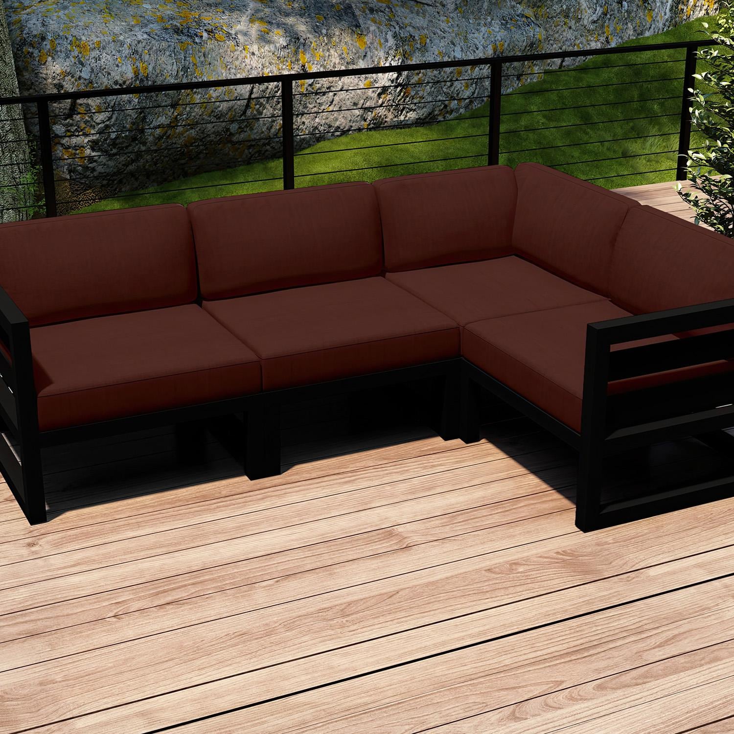 Lakeview MSTYCV-BK-4SEC-HN Misty Cove 4 Pc Aluminum Sectional Set in Black w/Canvas Henna Cushions by Lakeview Outdoor Designs - Set on Deck Cropped - Lifestyle thumbnail