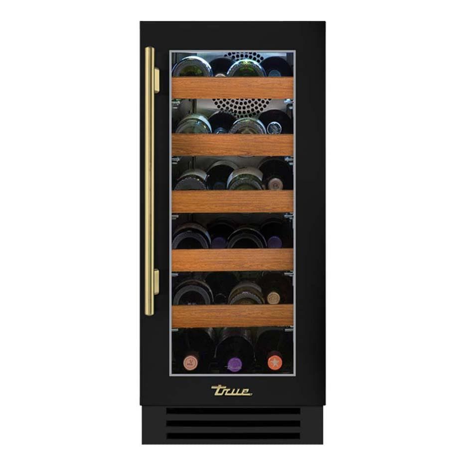 True 15 Inch 23 Bottle Right Hinge Glass Door Outdoor Wine Cabinet - Matte Black w/ Brass Handle - TWC-15-R-OG-C~DSK-027-H01
