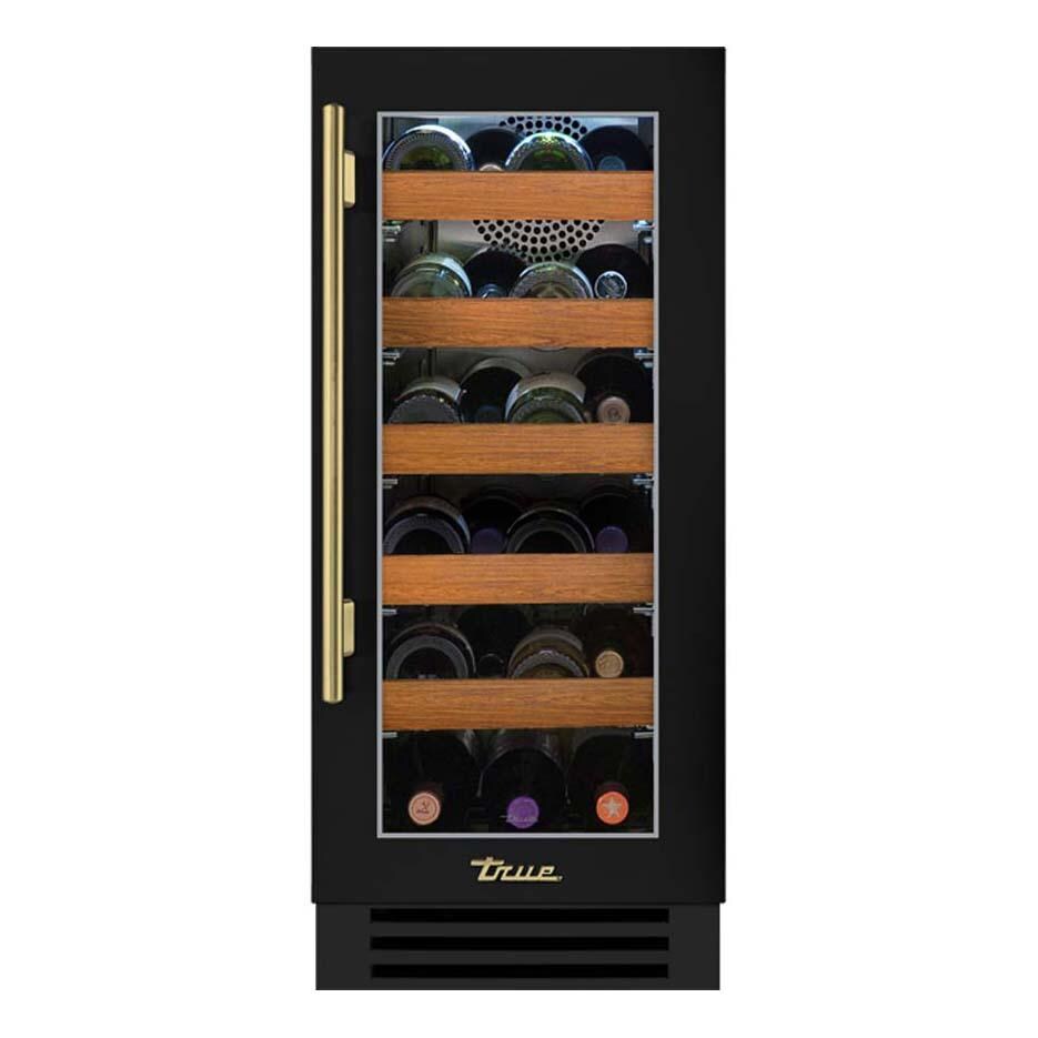 True TWC-15-R-OG-C~DSK-027-H01 15 Inch 23 Bottle Right Hinge Glass Door Outdoor Outdoor Wine Cabinet - Matte Black w/ Brass Handle - White Background thumbnail