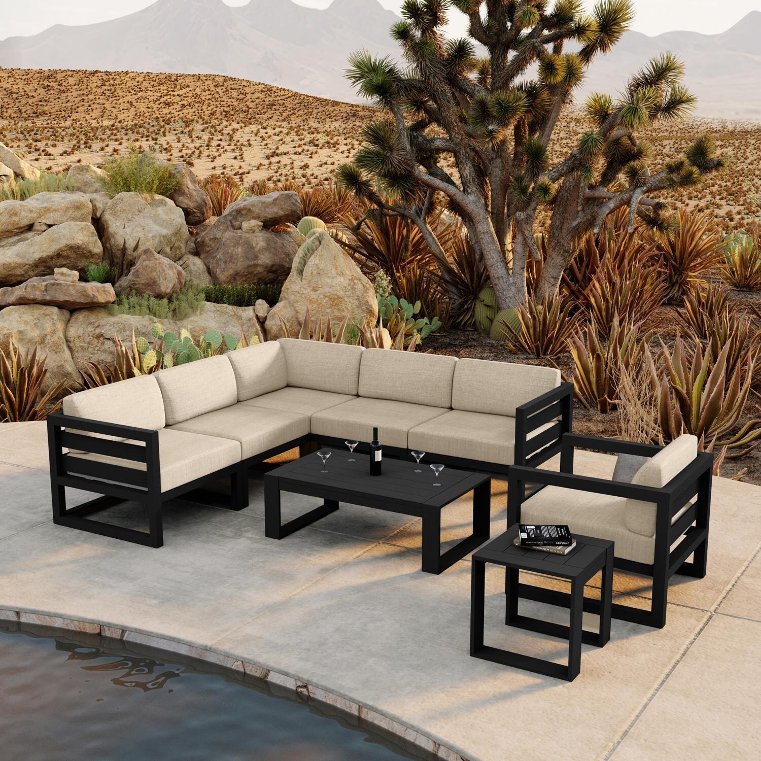Lakeview MSTYCV-BK-8SEC-CF Misty Cove 8 Pc Aluminum Sectional Set in Black w/Coffee Table & Canvas Flax Cushions by Lakeview Outdoor Designs - Set by the Pool - Lifestyle thumbnail
