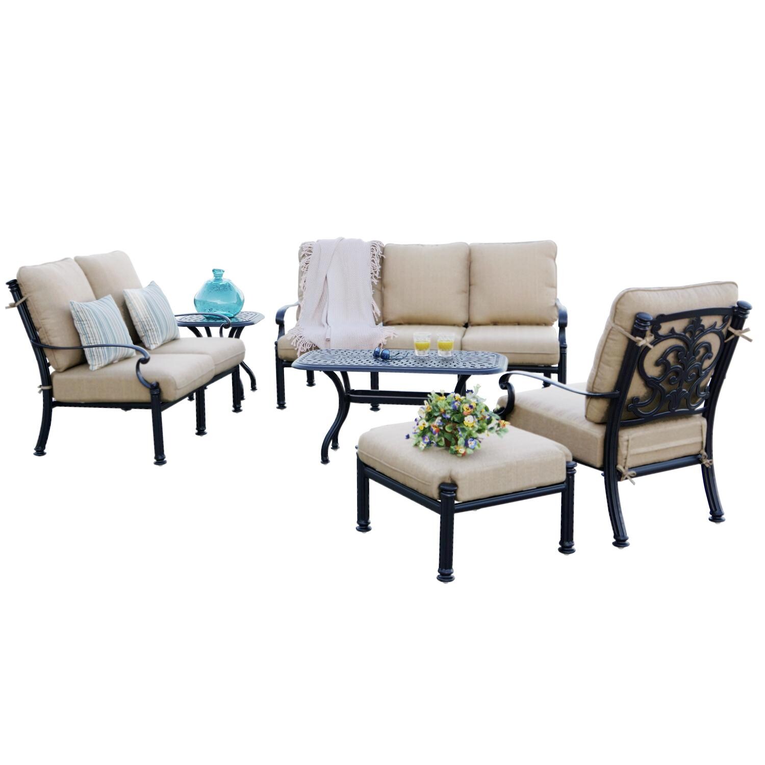 Darlee Santa Barbara 6 Pc Cast Aluminum Seating Set w/ Series 60 Tables - White Background thumbnail