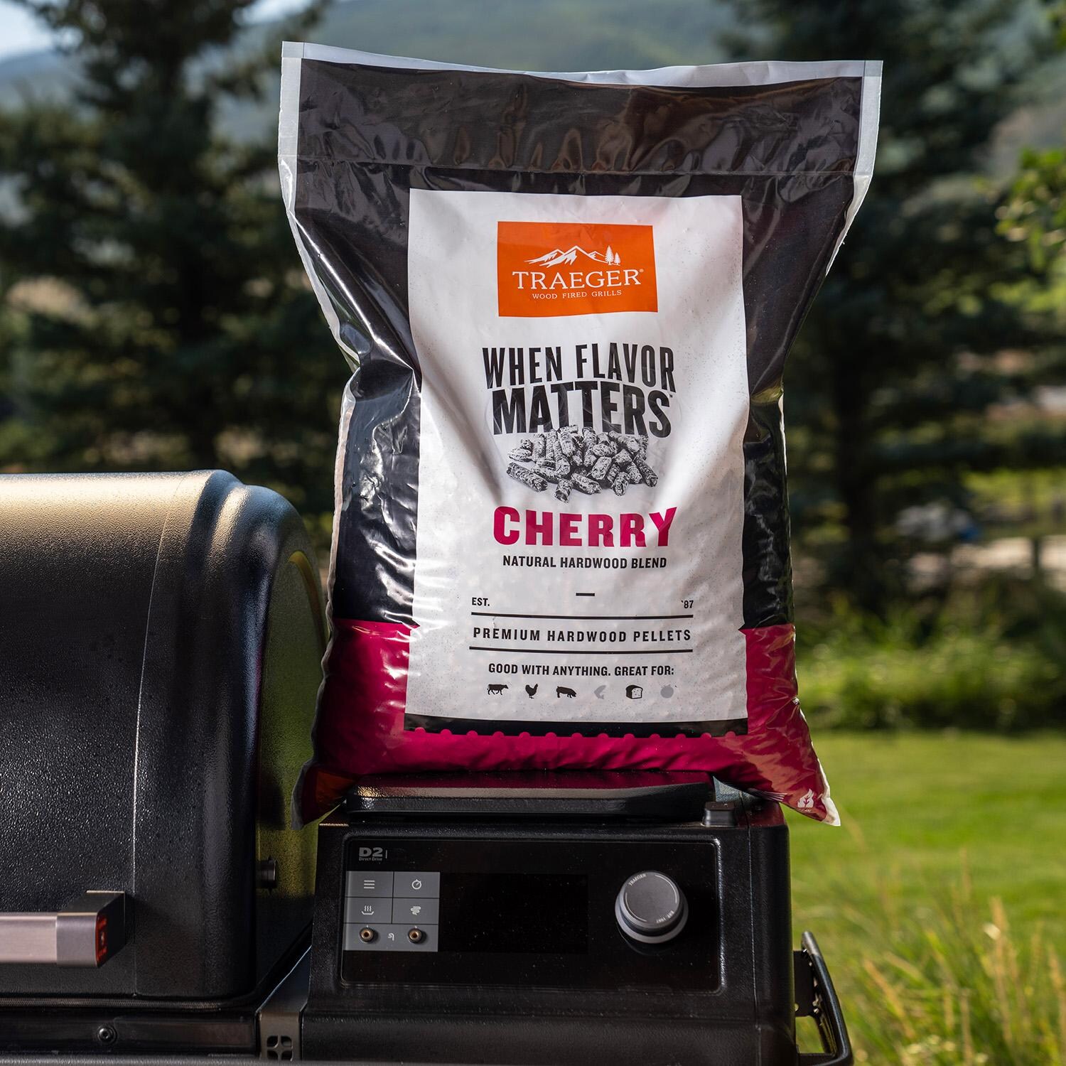 Traeger 20 Lb. Natural Hardwood Pellets - Cherry - On Grill - Lifestyle thumbnail