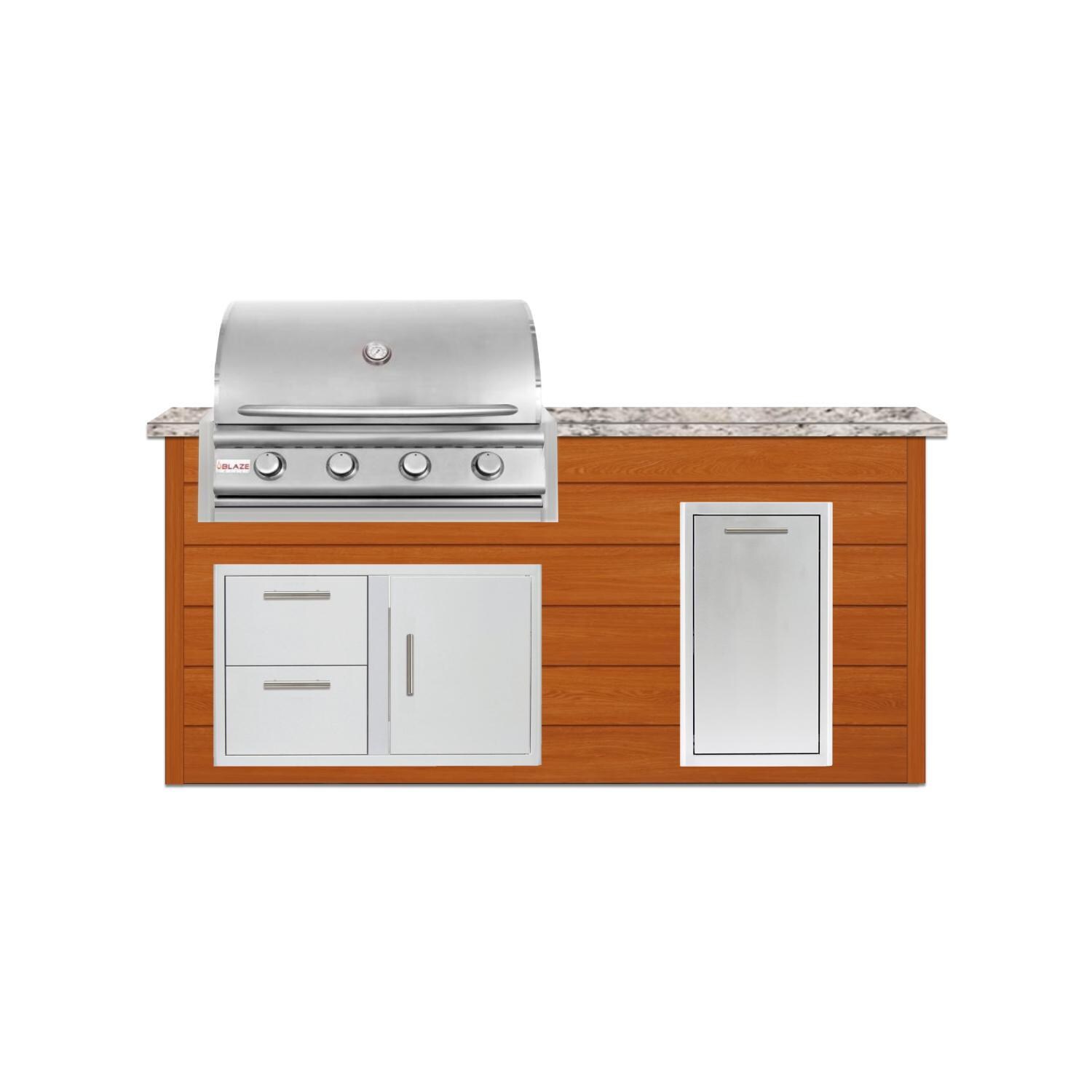BBQGuys Signature 6 Ft Outdoor Kitchen Island w/ 32 Inch Propane Blaze LBM Grill & Narrow Trash Bin | Chai Cedar w/ White Granite