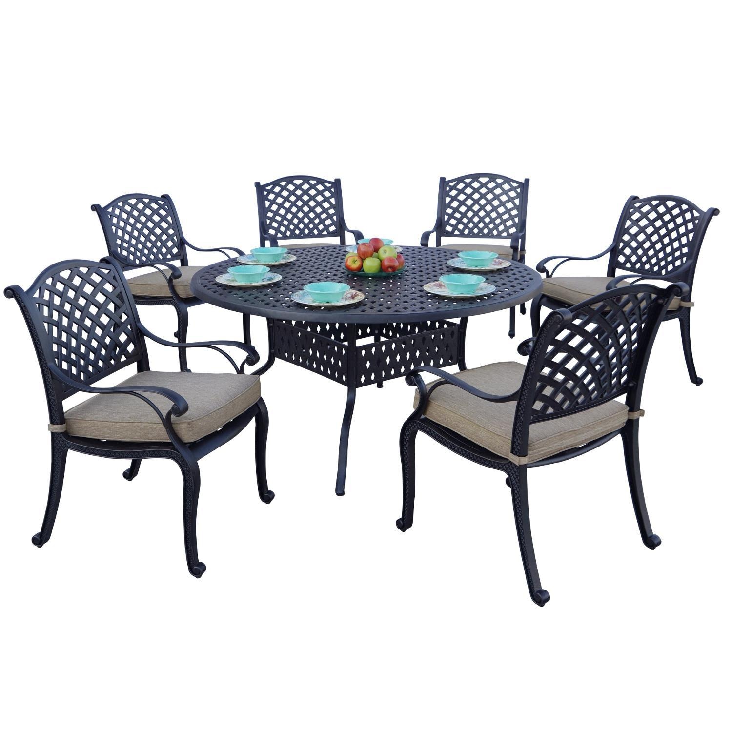 Nassau 7 Pc Cast Aluminum Dining Set w/ 60 Inch Round Series 30 Table in Antique Bronze/Beige Canvas by Darlee