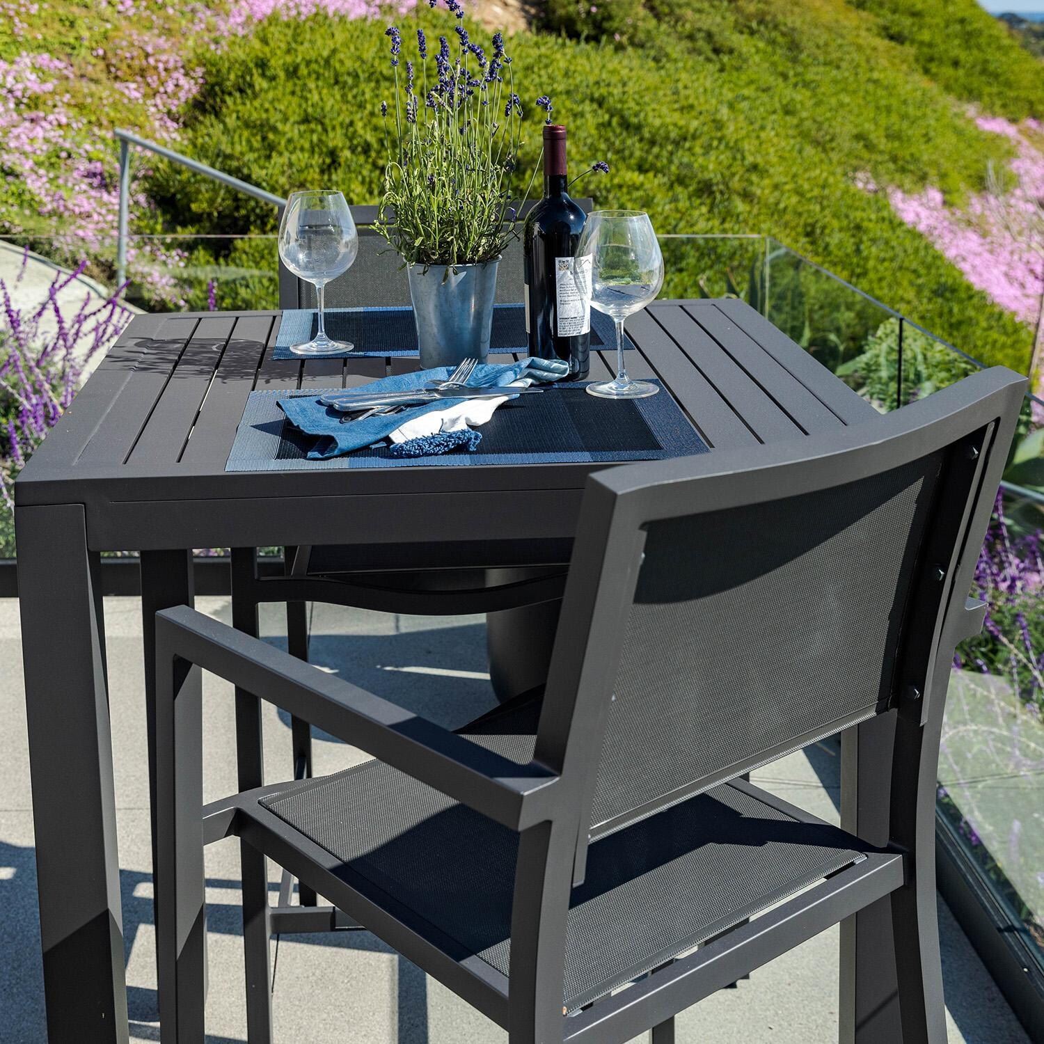 Sunset West Vegas Aluminum Patio Sling Barstool W/ Textilene Graphite Slings - Shown w/ Set - Lifestyle thumbnail