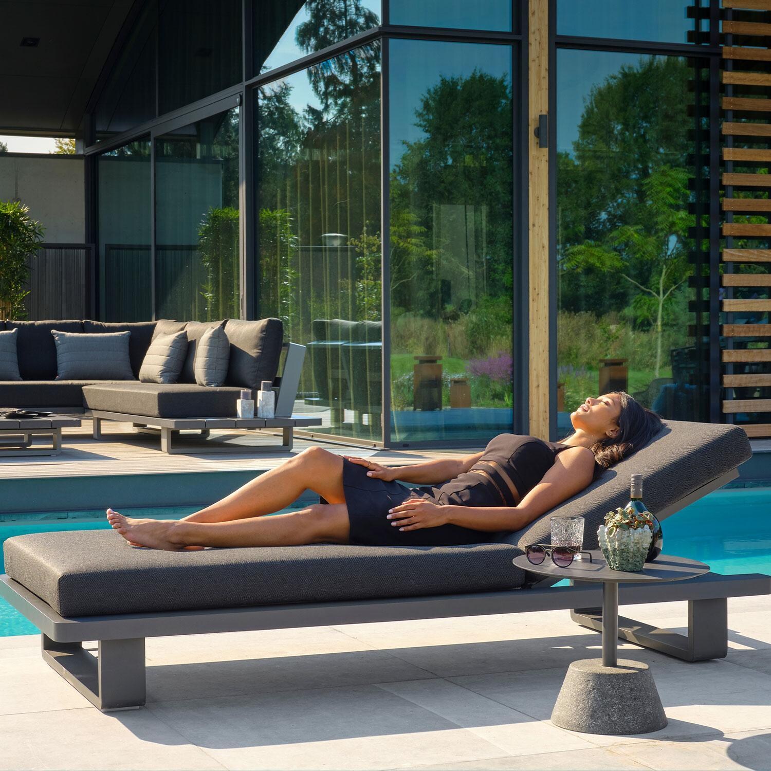 Fitz Roy Aluminum Multi-Position Chaise Lounge in Gray By KETTLER - Lounging by Pool - Lifestyle thumbnail