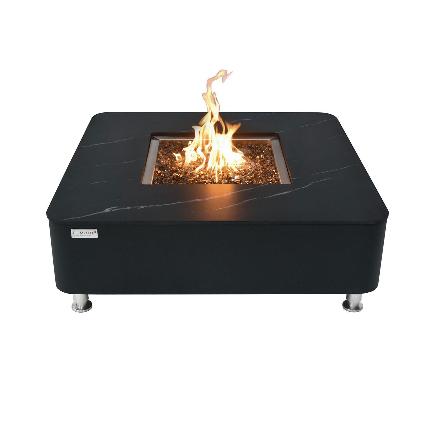 Elementi Annecy 42-Inch Square Porcelain Natural Gas Fire Pit Table - Black - Fire Pit Lit - White Background thumbnail