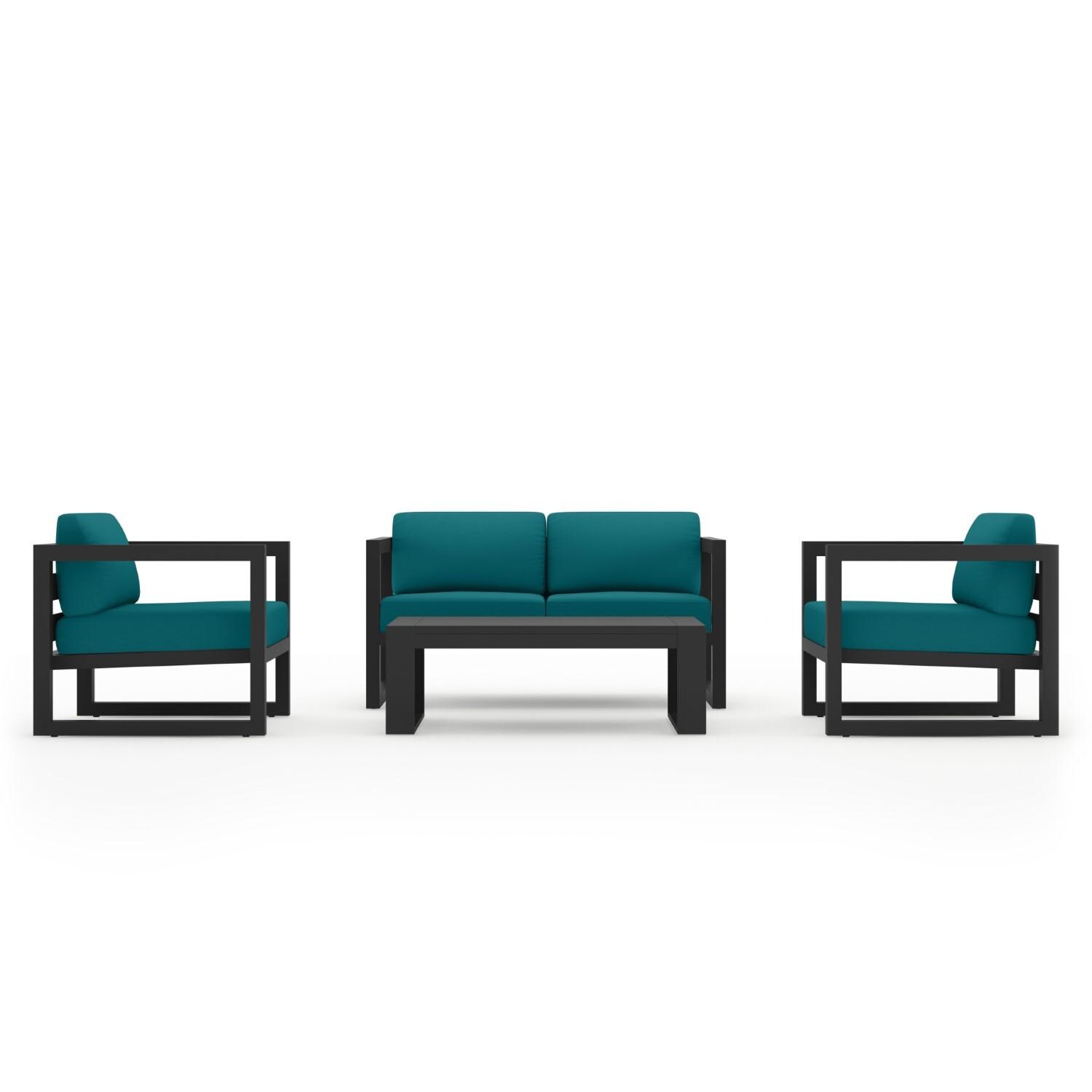 Misty Cove 4 Pc Aluminum Loveseat Set in Slate W/ Spectrum Peacock Cushions & Portal Coffee Table By Lakeview - Front - White Background thumbnail