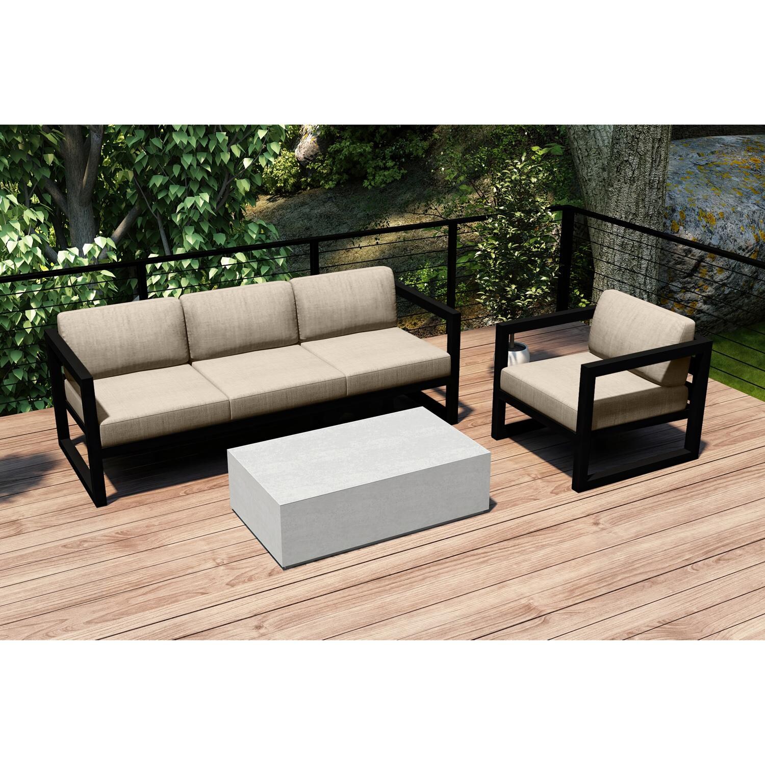 Lakeview MSTYMAS-BK-3SS-CF Misty Cove 3 Pc Aluminum Seating Set in Black w/Mason Coffee Table & Canvas Flax Cushions by Lakeview Outdoor Designs - Set on Patio - Lifestyle thumbnail