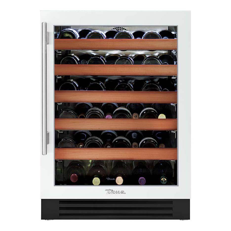 True TWC-24-R-OG-C~DSK-030-H04 24 Inch 45 Bottle Right Hinge Glass Door Outdoor Wine Cabinet - Matte White w/ Stainless Steel Handle - White Background thumbnail