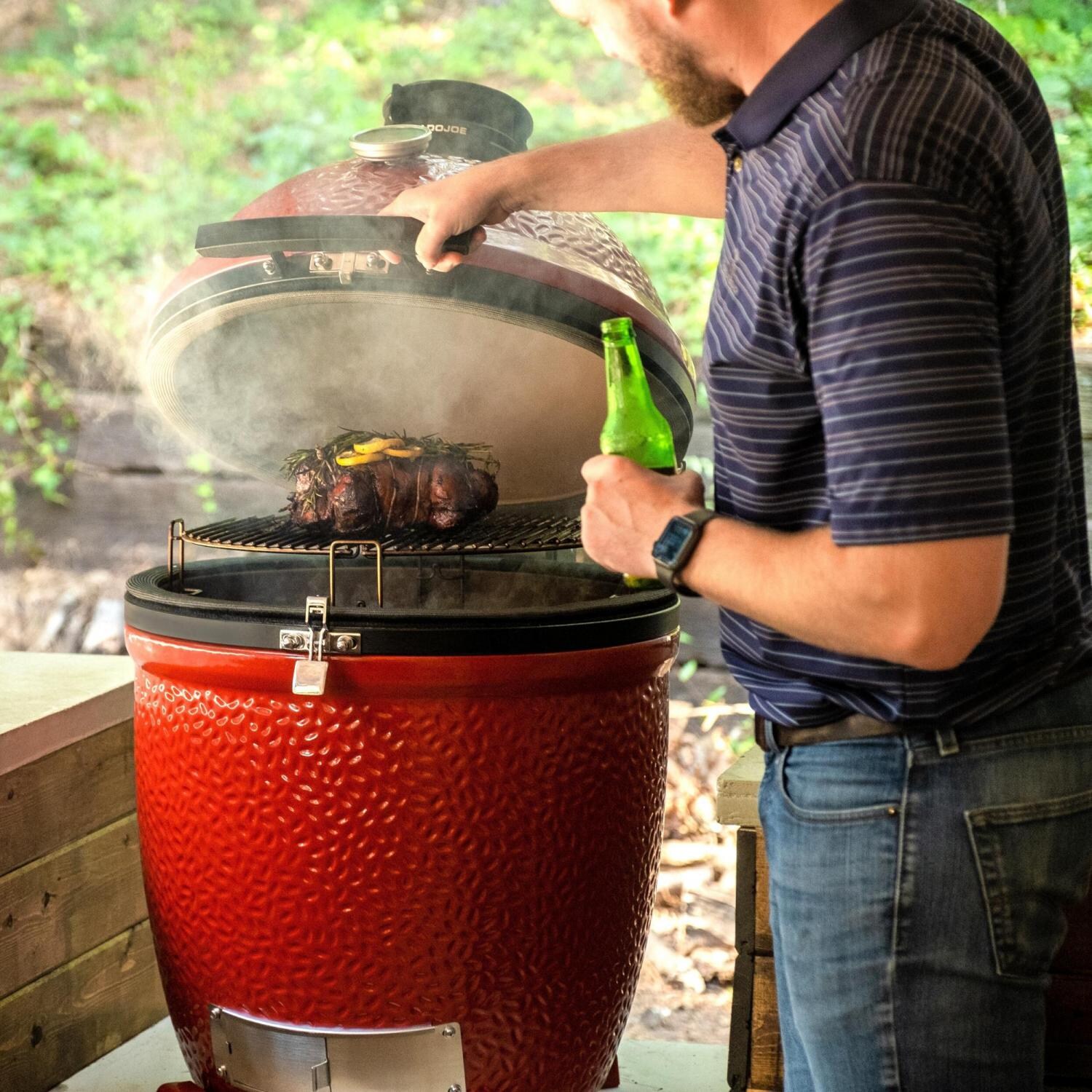 Kamado Joe® KJ15040721 Classic Joe™ III Standalone 18-inch Charcoal Grill w/ Grill Gripper, and Ash Tool - Red - In Use Smoking Meat thumbnail