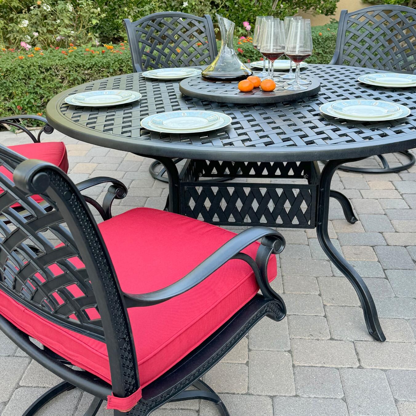 Darlee B/DL13-8PCAR-30D3921-R Nassau 8 Pc Cast Aluminum Dining Set in Antique Bronze w/ Red Cushions - Set Up Close - Lifestyle thumbnail