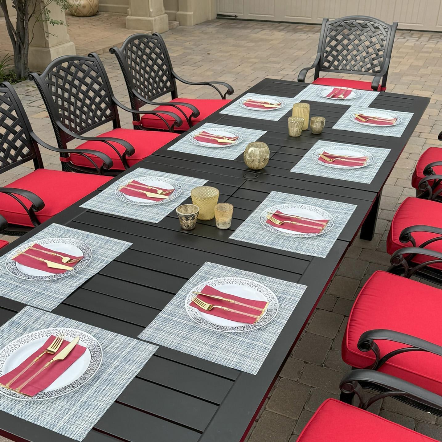 Darlee B/DL13-11PCD-2350LE-R Nassau 11 Pc Cast Aluminum Dining Set in Antique Bronze w/ Red Cushions - Table Setting - Lifestyle thumbnail