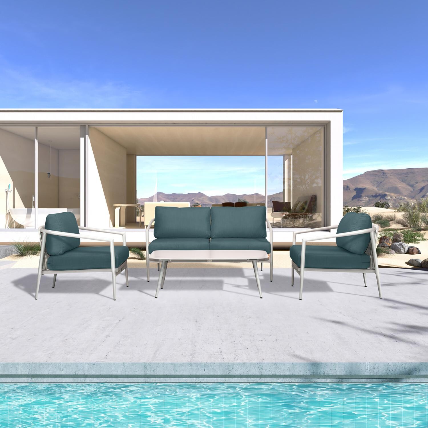 Lakeview Midnight Cove 4 Pc Aluminum Loveseat Seating Set in Urban Stone/Carrera/Cast Lagoon - Lifestyle thumbnail